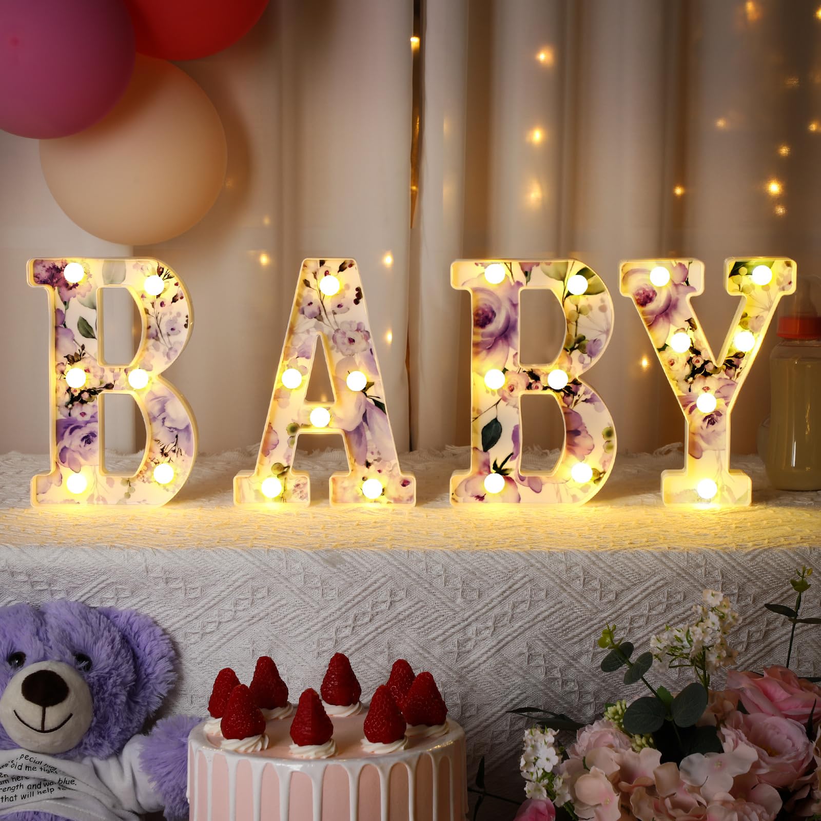 Realspring Woodland Greenery Centerpieces Baby Marquee Light up Sign Letters 8.26'' Baby Shower Letter Battery Operated Gender Reveal Birthday Party Decor for Home Table (Purple)