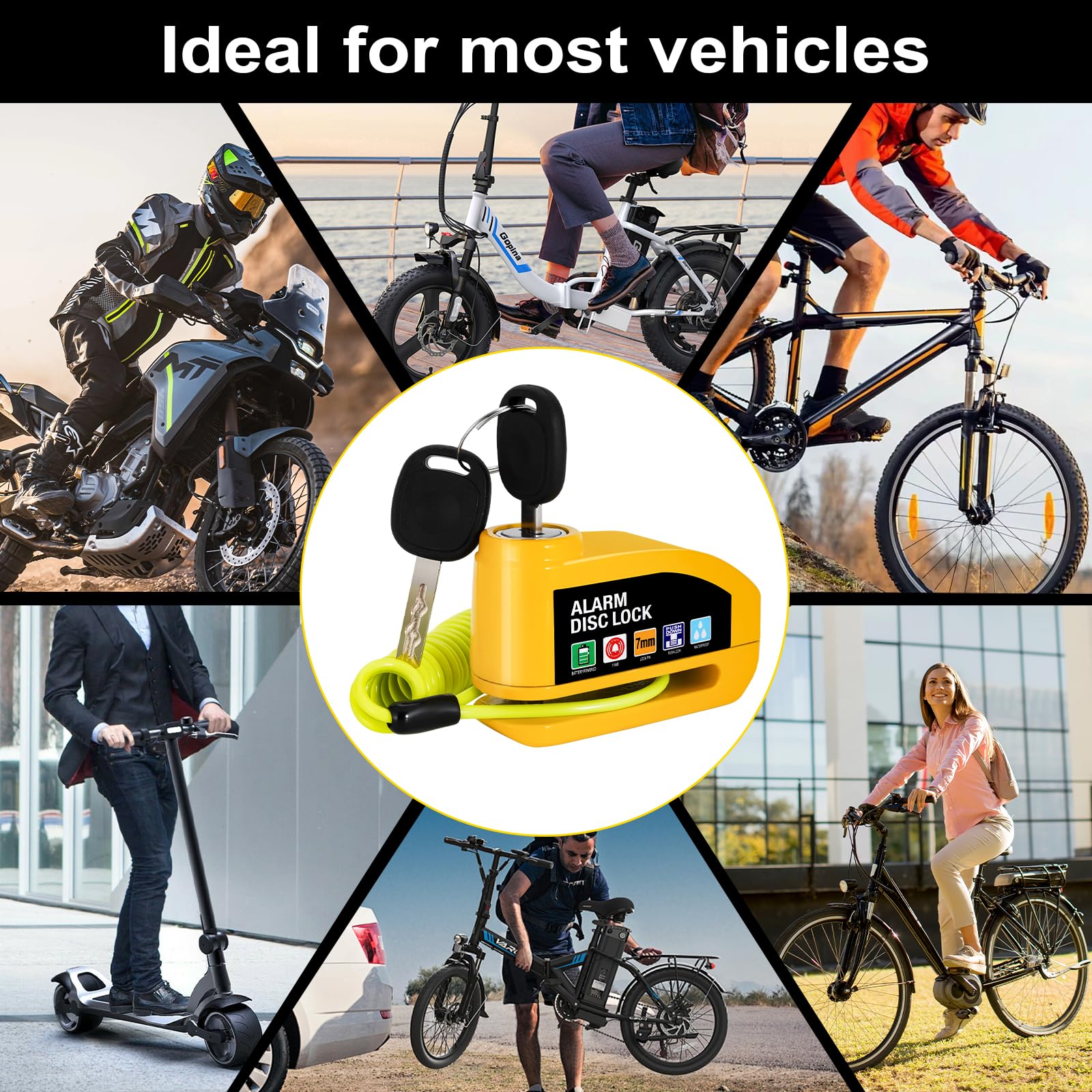 Vemfay Candado Moto Disco con Alarma 110 DB, Candado de Freno de Disco con Cable de Recuperación de 1,2 m, Candado de Alta Seguridad para Moto, Ciclomotor, Bicicleta, Scooter