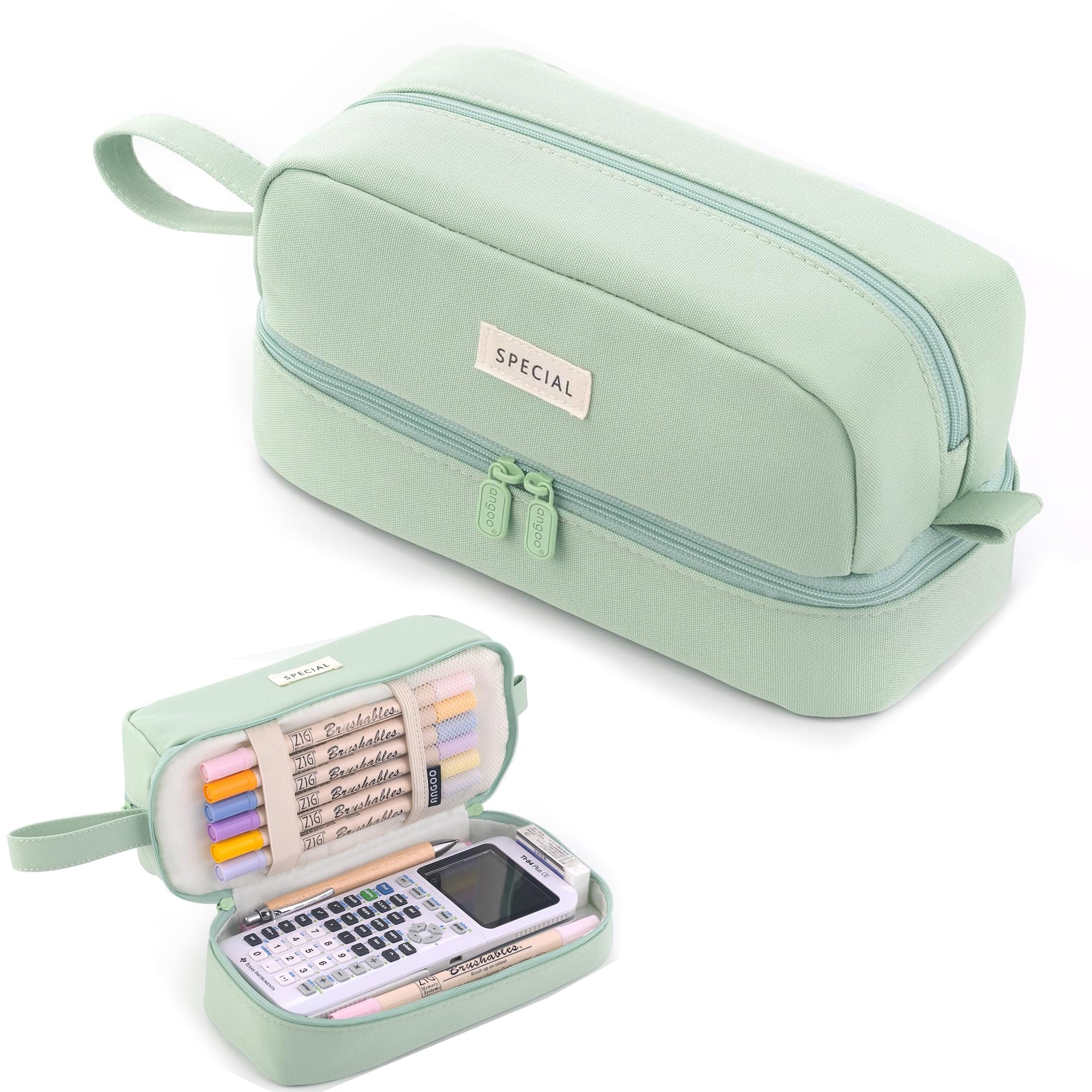 KASTWAVE Large Pencil Case, Big Capacity Large Pencil Cas,e Canvas Pen Pouch Bag with 2 Compartments for Girls Boys Teen School Students Adults, Stationery Pouch Pen Case for Office (Green) Green4 Functional