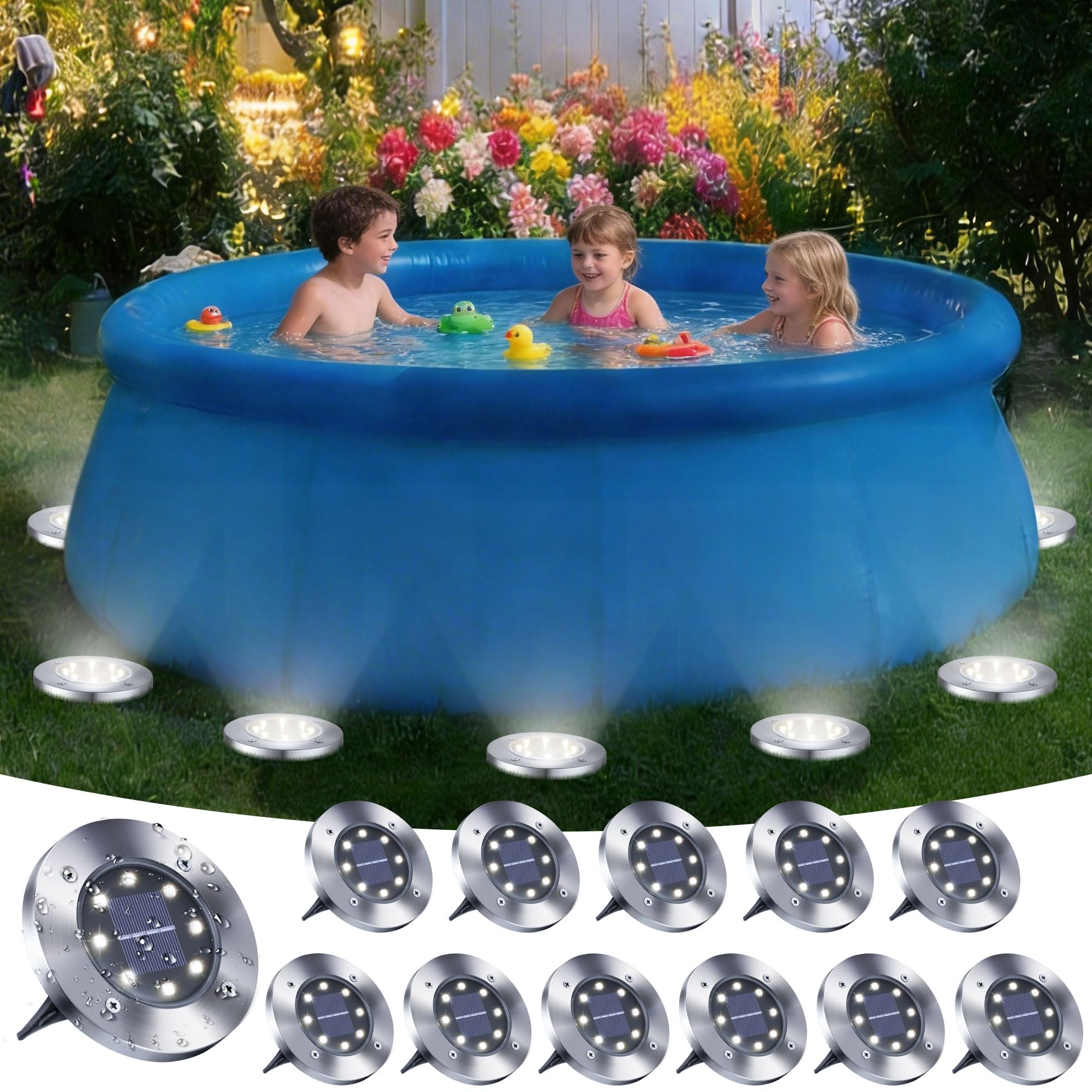 LYHOPE Lot de 12 lampes solaires de piscine hors sol étanches pour pelouse, cour, terrasse, allée, étang, décorations extérieures – Blanc