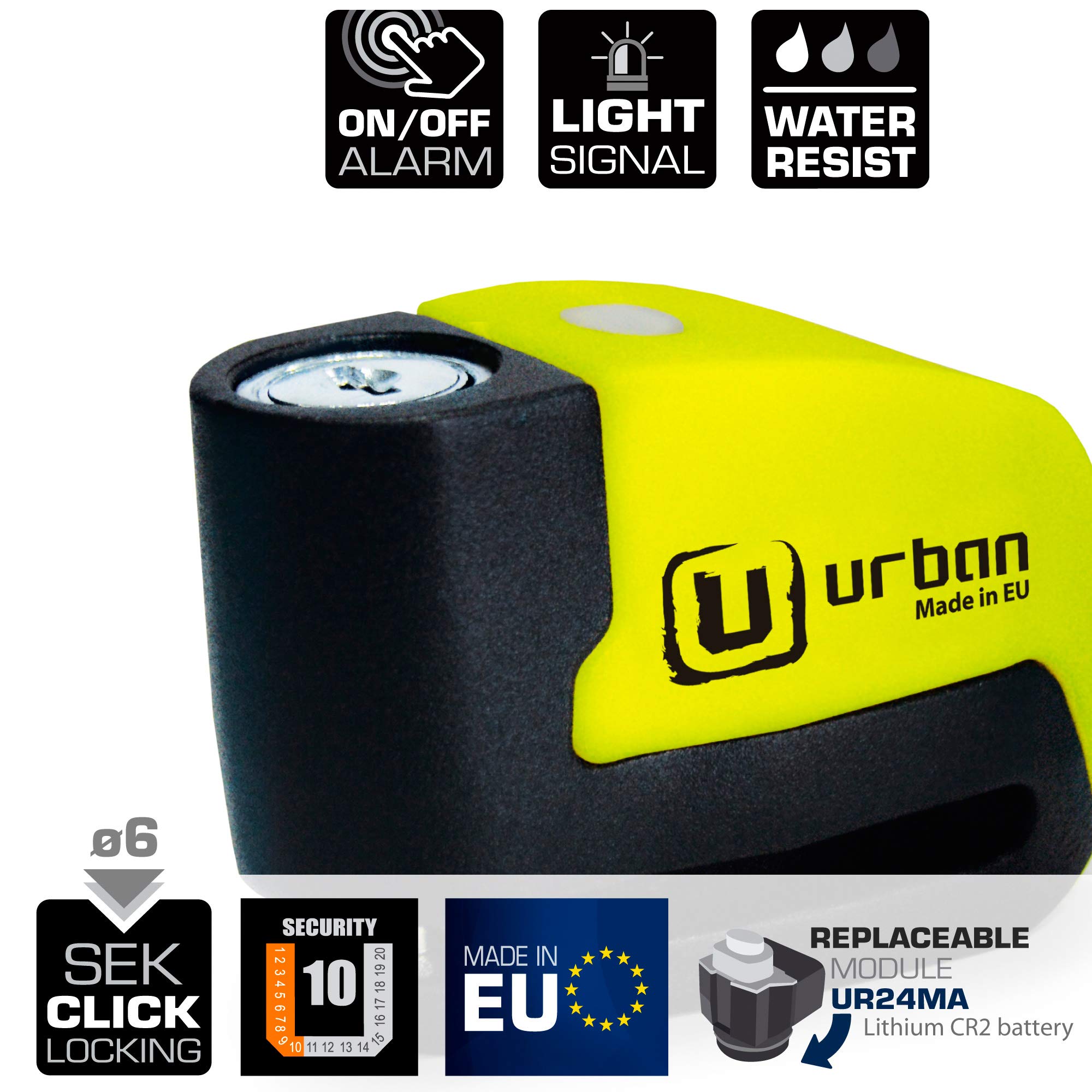 Urban 10K120 Cadena Antirrobo Alta Seguridad Homologado Art3, Ø10, 120Cm, Multicolor, 120 Cm + Ur6 Candado Antirrobo Disco Con Alarma + Warning 120Dba, 6 Mm, Made In Eu, Amarillo Flúor, Única