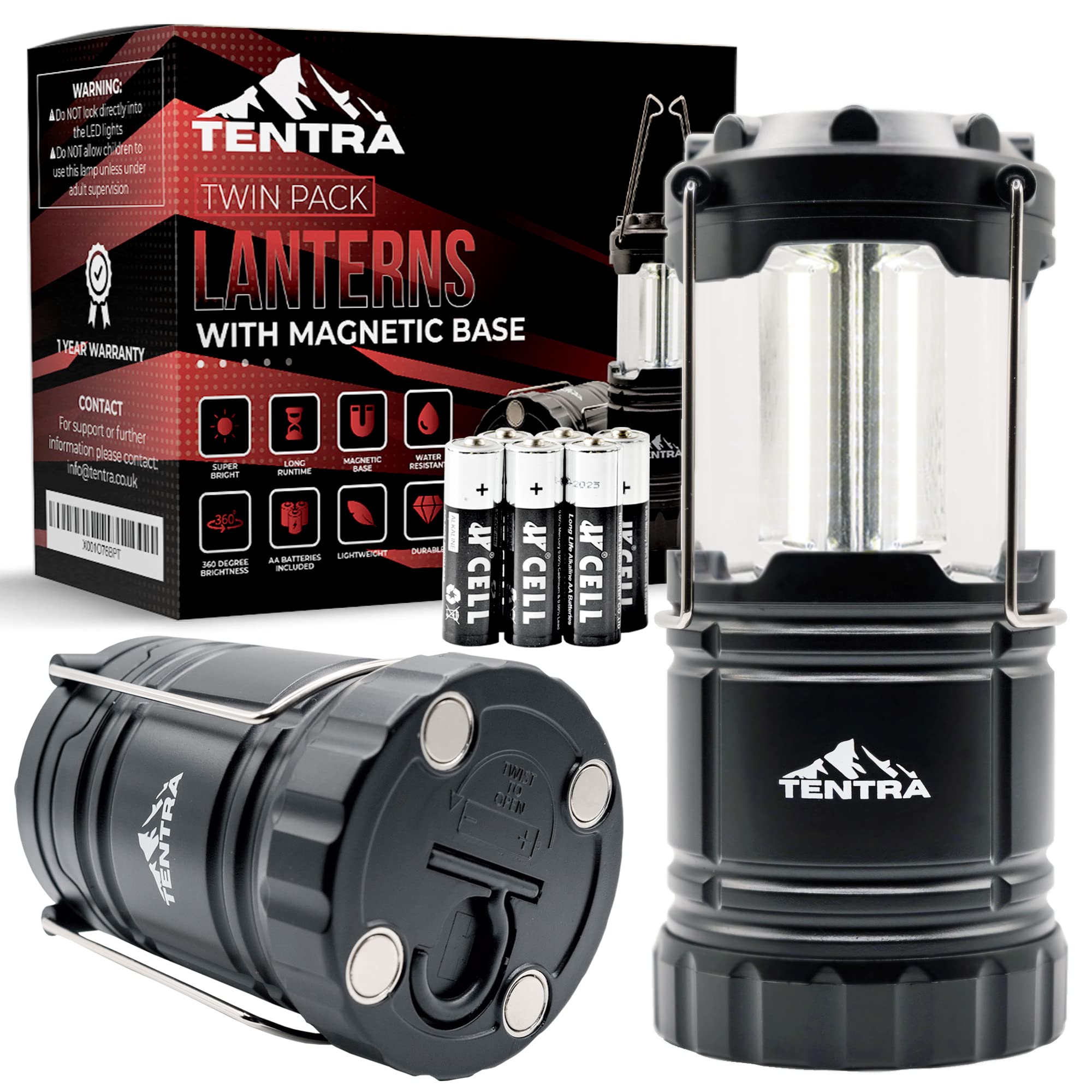 TENTRA OUTDOOR SPECIALISTS 2 x LED Camping Lanterns with Magnetic Base - Batteries Included - Collapsible Portable Light for Camping, Emergency Power Cuts, Fishing, Tent, Shed, Home, Black, SR003