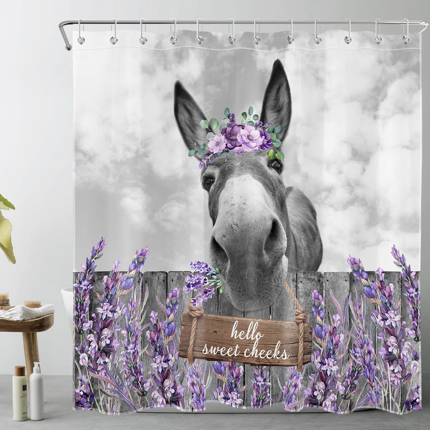 HVEST Farmhouse Donkey Shower Curtain with Bathroom Rugs, Funny Western Wildlife with Purple Lavender Floral Shower Curtain with Bath Mat, Rustic Wood Polyester Fabric Shower Curtain Set, 70X70 inch