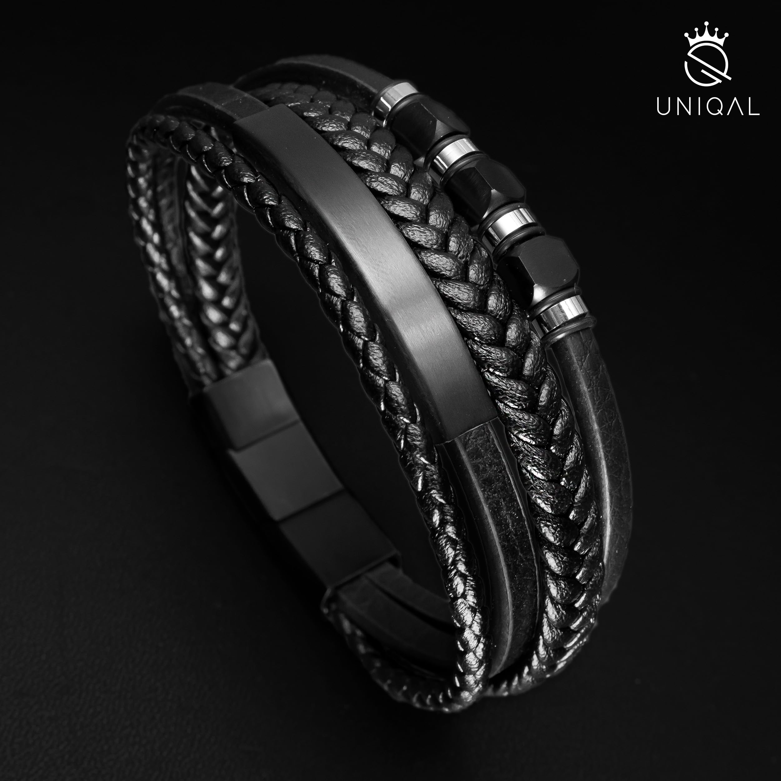 UNIQAL | Lederarmband Herren "PLATE" Mens Bracelet | Edelstahl, Echtleder | Etui Box Gratis