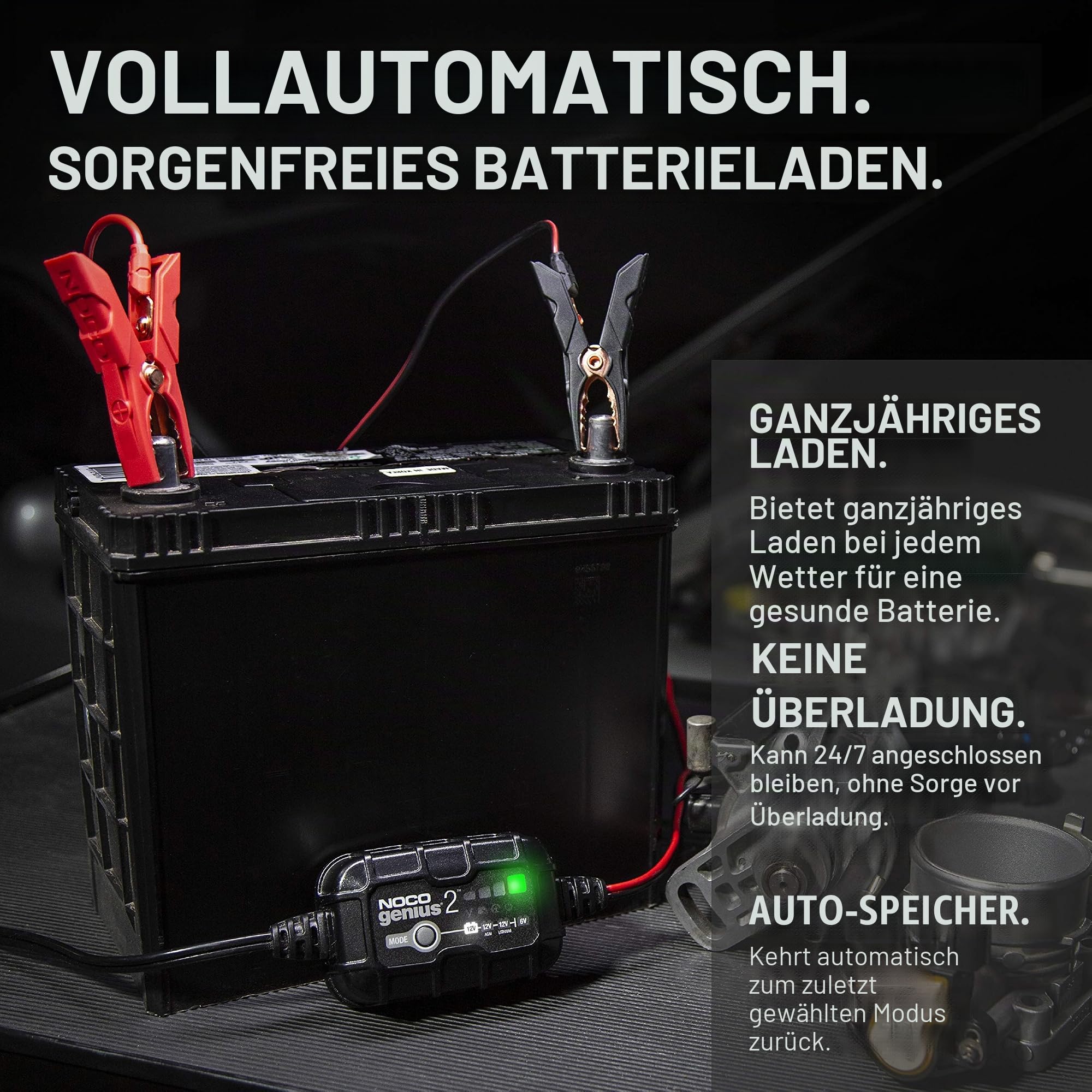 NOCO GENIUS2: 2A 6V/12V Smart Batterieladegerät - Automatischer Pfleger, Erhaltungsladegerät & Desulfator mit Überladeschutz & Temperaturkompensation - Für Blei-Säure- & Lithium-Batterien