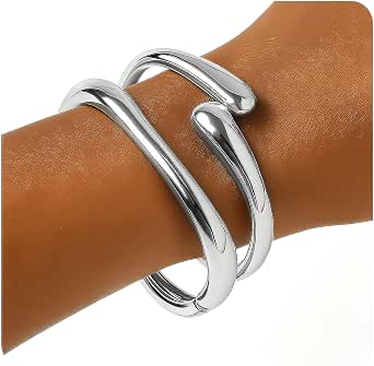PEALICIOUS Gold Silver Chunky Bracelet for Women Girls 2Pcs 7in Arm Cuff - View 2