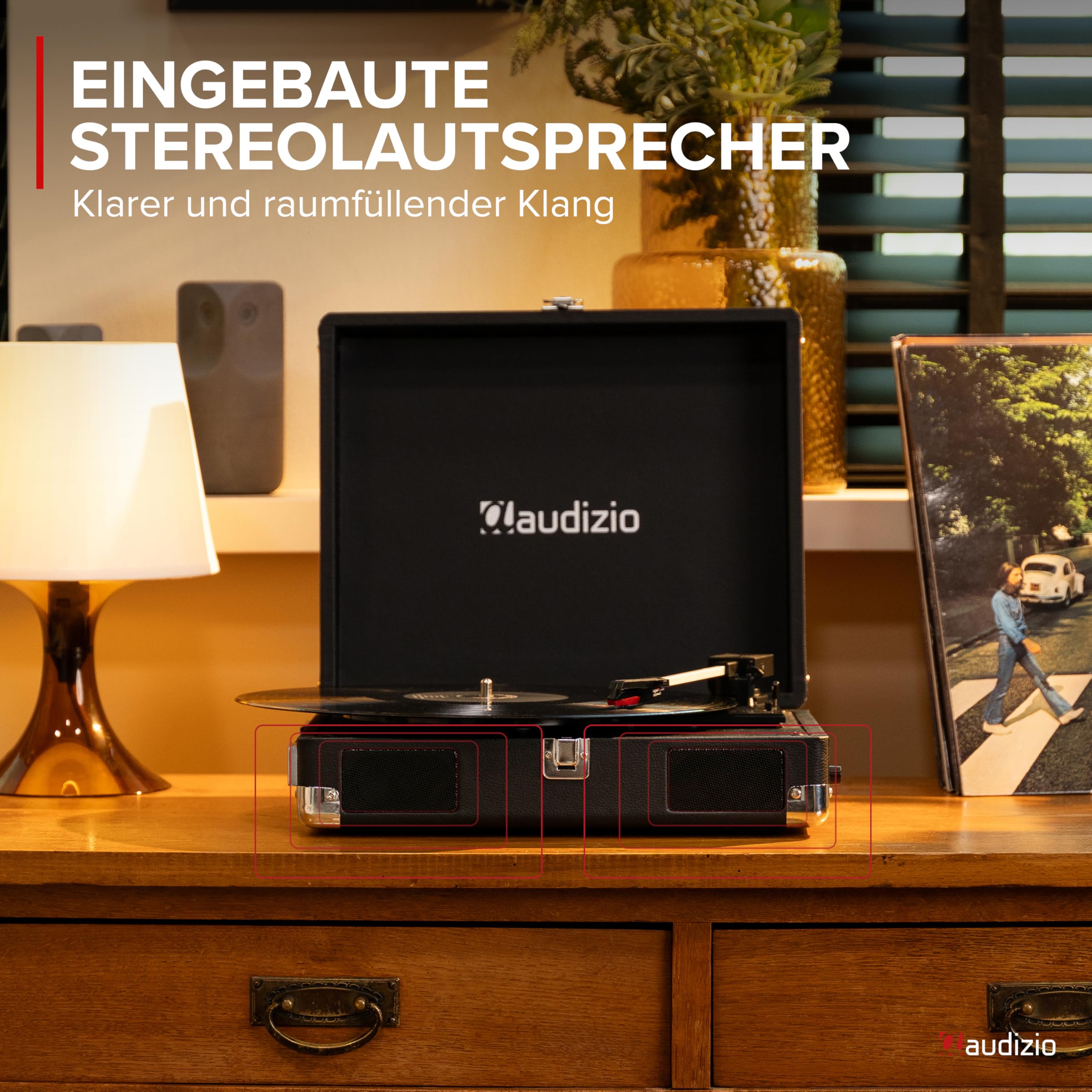 Audizio RP111BK - Koffer Plattenspieler mit Lautsprecher | Autostopp | 33/45/78 RPM | RCA | Kopfhöreranschluss | Schallplattenspieler Retro | Turntable Vinyl Player | Gramofon Record Player, Schwarz