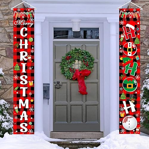 Miniatura 3 de Avezano Decoraciones de Navidad para exteriores, pancarta de puerta de Navidad a cuadros de búfalo rojo, suministros de decoración de fiesta de