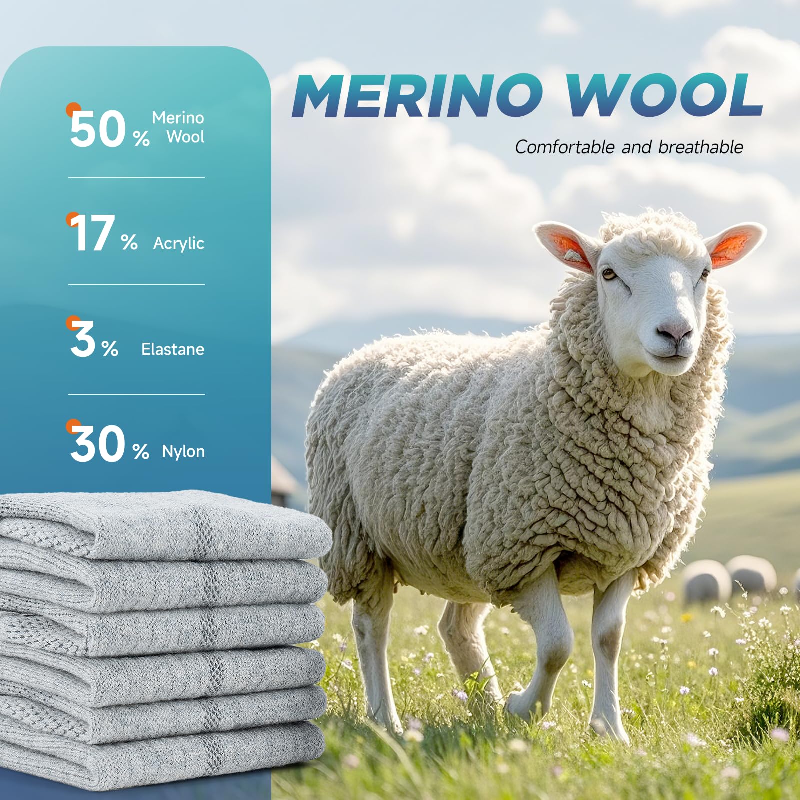 RUIXUE Herren-Wandersocken, Merinowolle, Wandersocken für Männer und Frauen, atmungsaktiv, feuchtigkeitsableitend, Sportsocken für Laufen, Trainer, Arbeit, Skifahren und Outdoor-Sport, 3 Paar, Grau-01