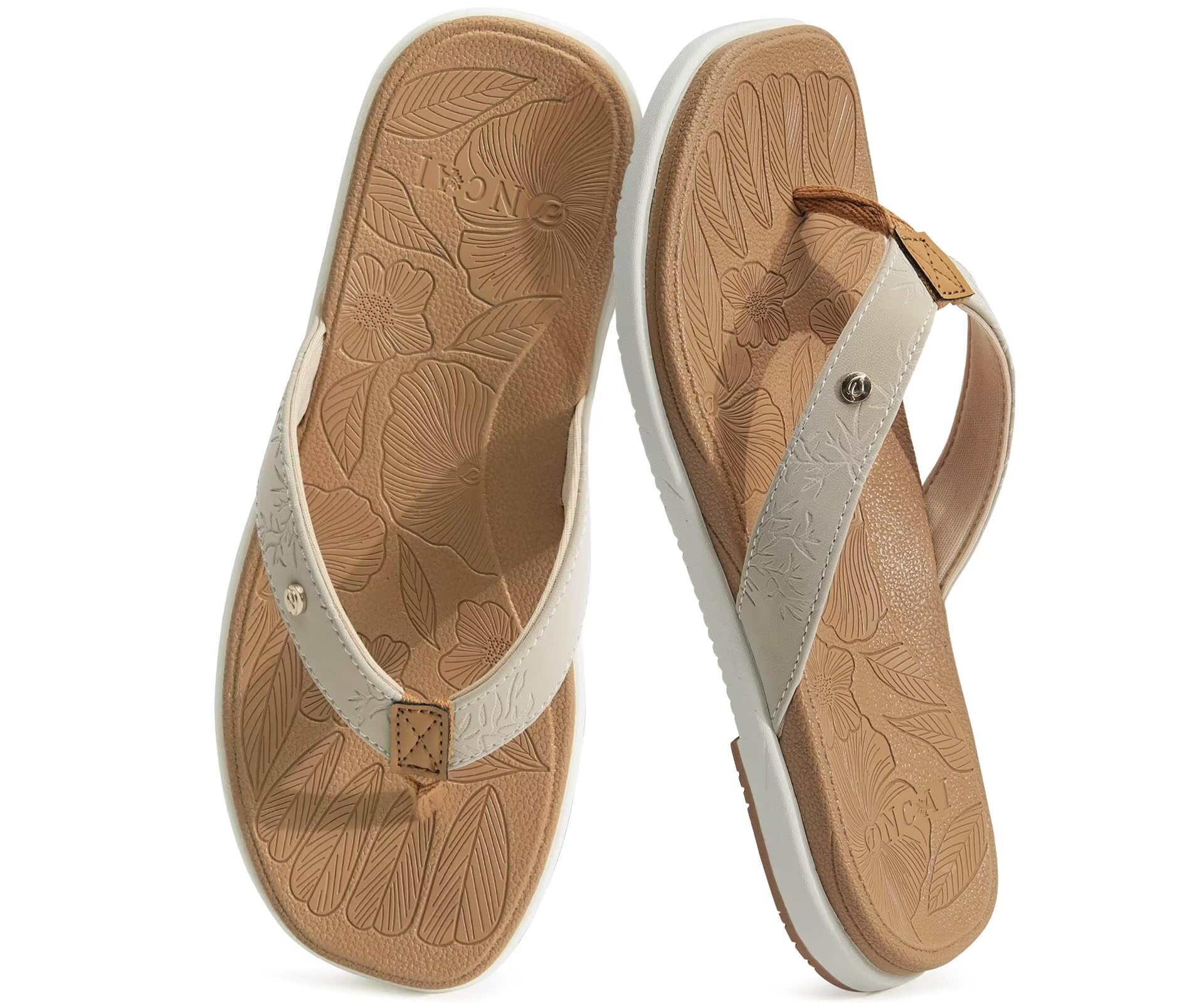 ONCAI Women's Flat Flip Flops Square Thong Sandals with Leaf Printed Summer Beach Daily Casual Dressy Soft Cushion Sandalias Mujer Lightweight Outdoor Waterproof Rubber Sole US Size 6-12