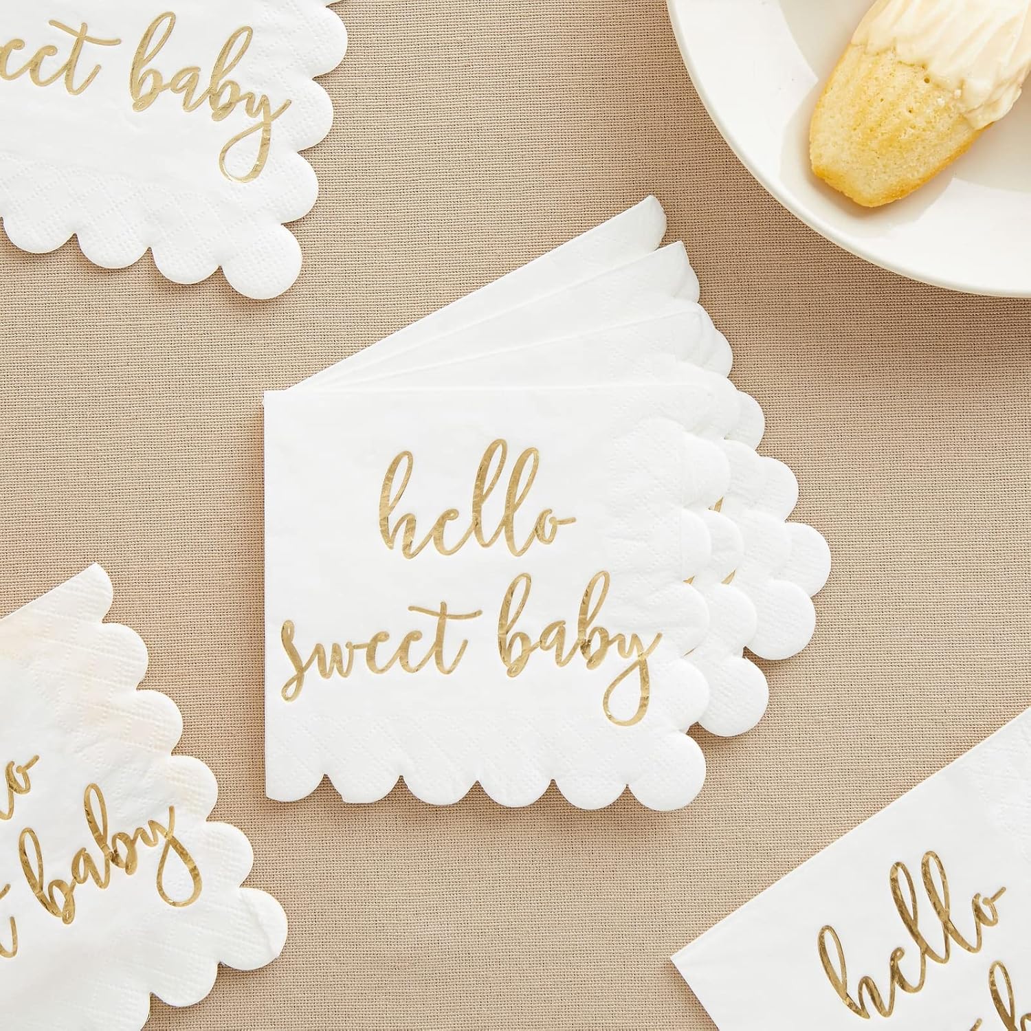 50 Pack White Scalloped Baby Shower Napkins for Girls and Boys, Gold Foil Hello Sweet Baby Decorations (5 x 5 In)
