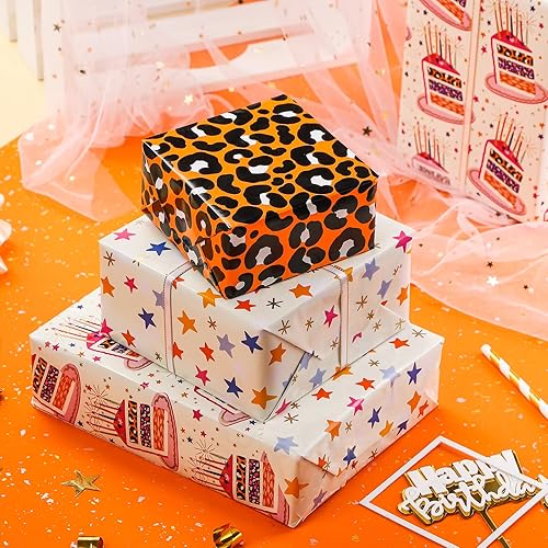 Miniatura 3 de LeZakaa Rollo de papel de regalo de cumpleaños, diseño de leopardo, pastel de feliz cumpleaños, estrella para niñas, niños, adultos, amigos, 17 x