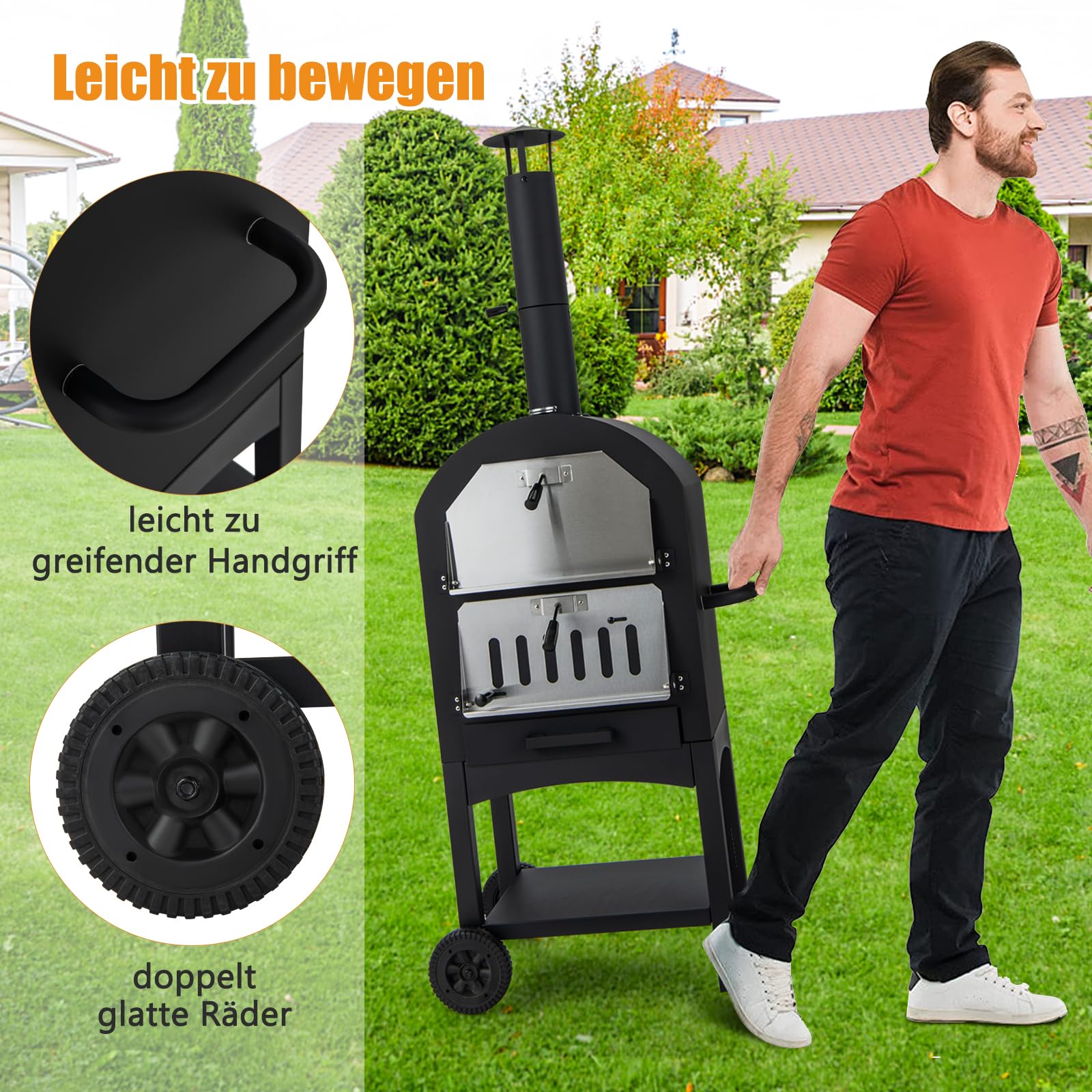 GOPLUS Zewnętrzny piec do pizzy 2 w 1, piec ogrodowy z łopatką do pizzy, kamieniem do pizzy, rusztem do grilla, termometrem i wodoodporną pokrywą, mobilny piec na drewno, do ogrodu, z uchwytem