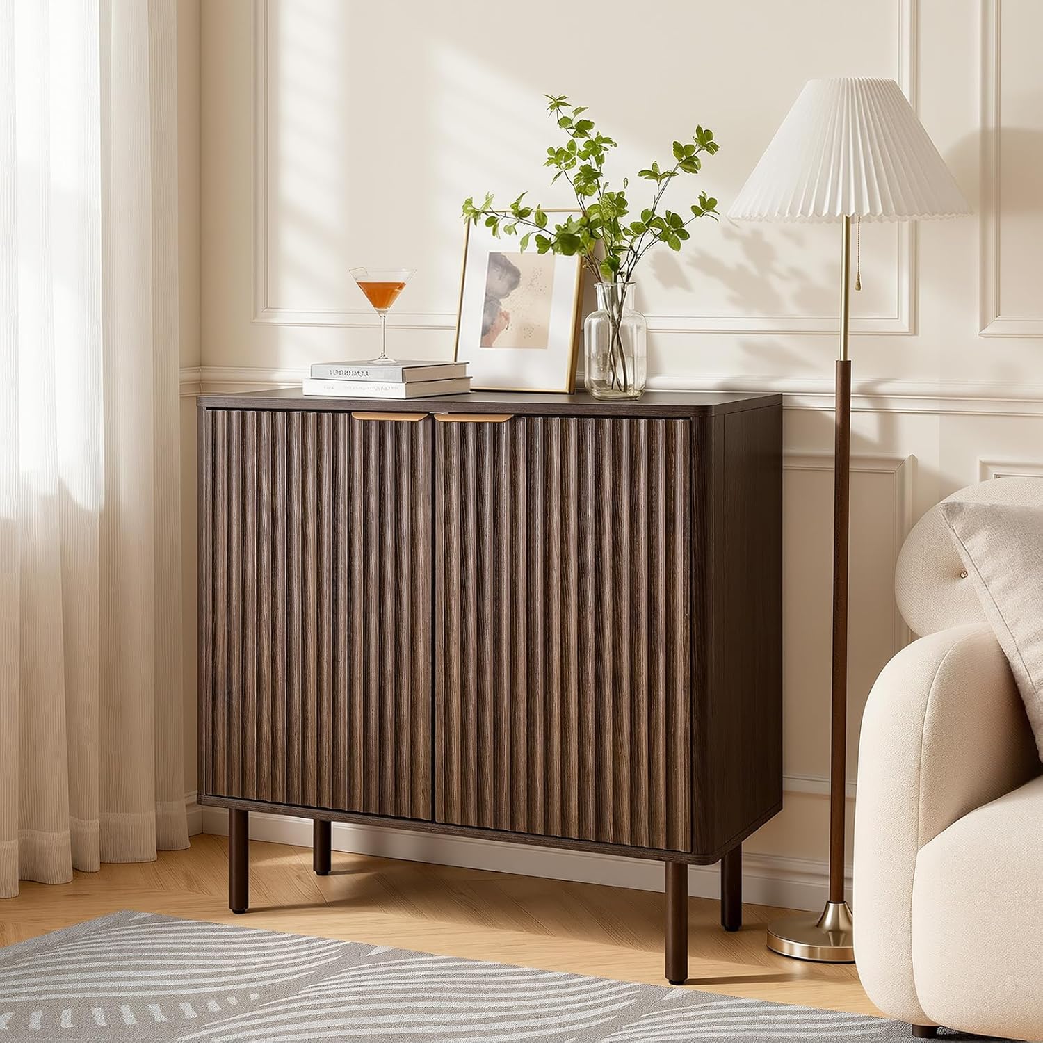 VEVOR Buffet Cabinet, Sideboard Cabinet with 2-Tier Storage, Coffee Bar Cabinet with Adjustable Shelves, Fluted Sideboard Buffet for Hallway, Entryway, Living Room, or Kitchen, Walnut