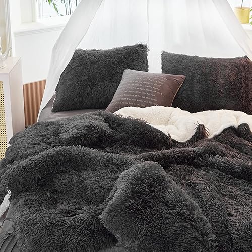 Miniatura 4 de Juego de edredón de lujo de pelo sintético lanudo tamaño individual, edredón reversible de felpa y sherpa, color gris, juego de ropa de cama mullido