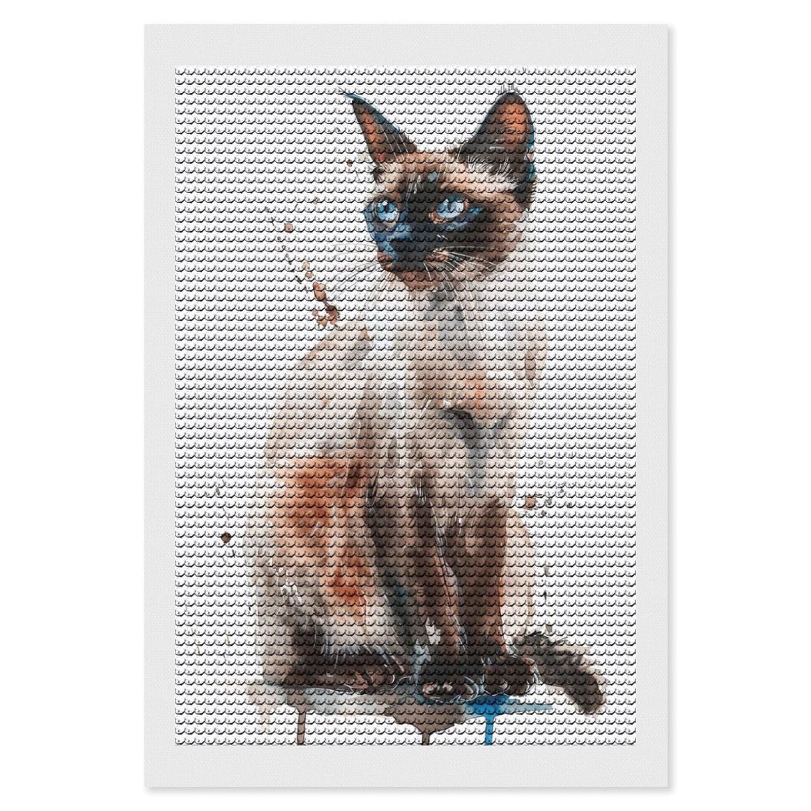 Junmoney Balinese Cat Watercolor Diamond Art Kit 8"x12", Neat Printed Canvas, Finish and Display, Relaxing DIY Hobby, Living Room Decor