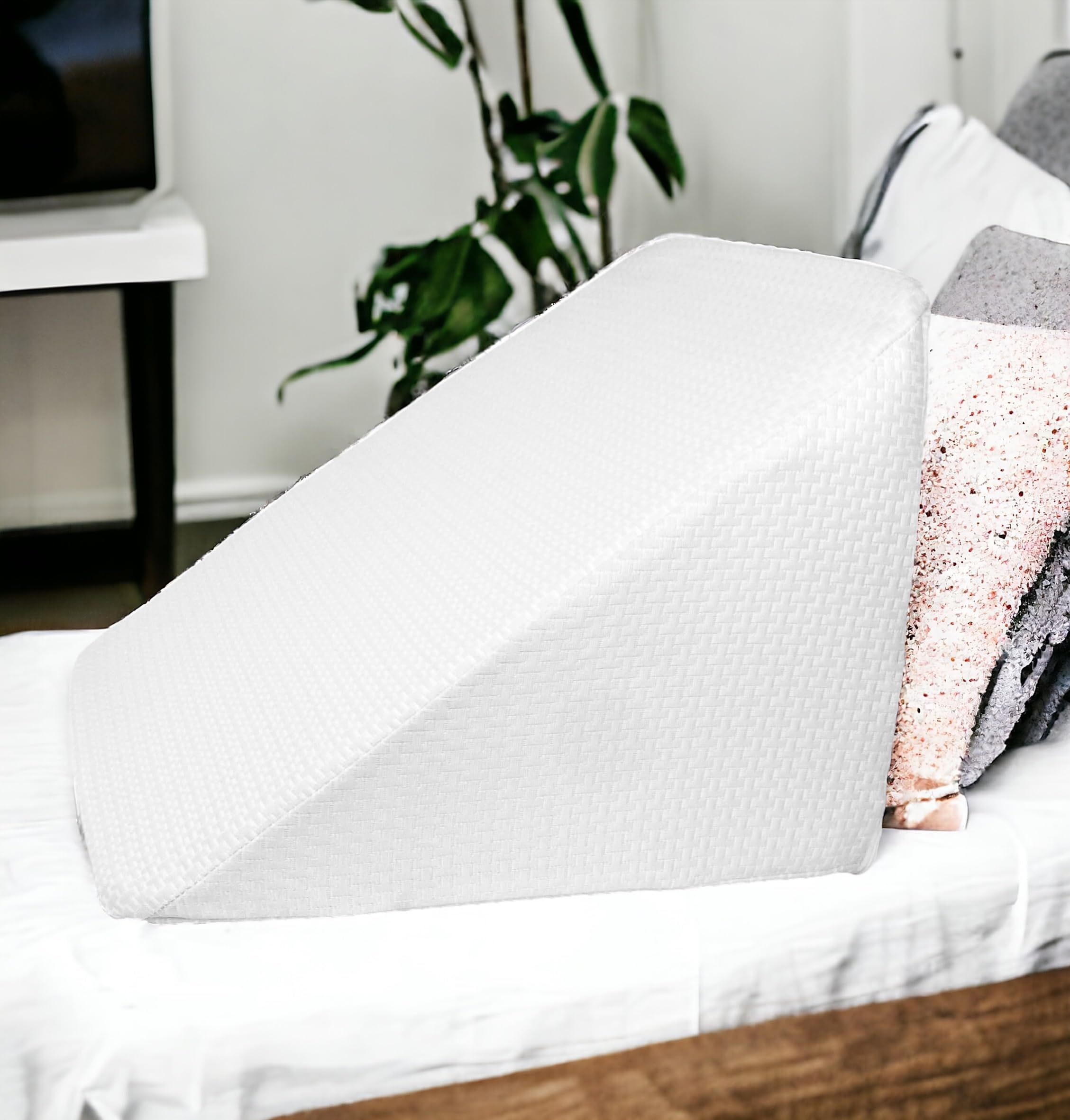 Almohada de Lectura cojín con Forma de cuña para sofá y Cama. Cojín de Espuma Desenfundable para Leer o Trabajar con Ordenador Inclinando la Espalda Acostado (Blanco)