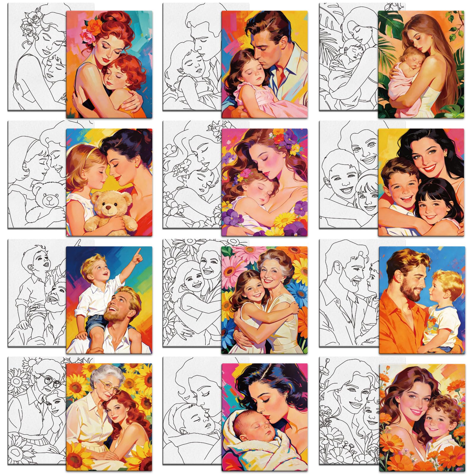 MAYJOYDIY 12 Pcs Family Theme Pre Drawn Canvas to Painting Parents Mother Father Pre Printed Canvas for Adults 25×20cm Grandma Grandpa Sister DIY Paint Art Supplies for Beginners