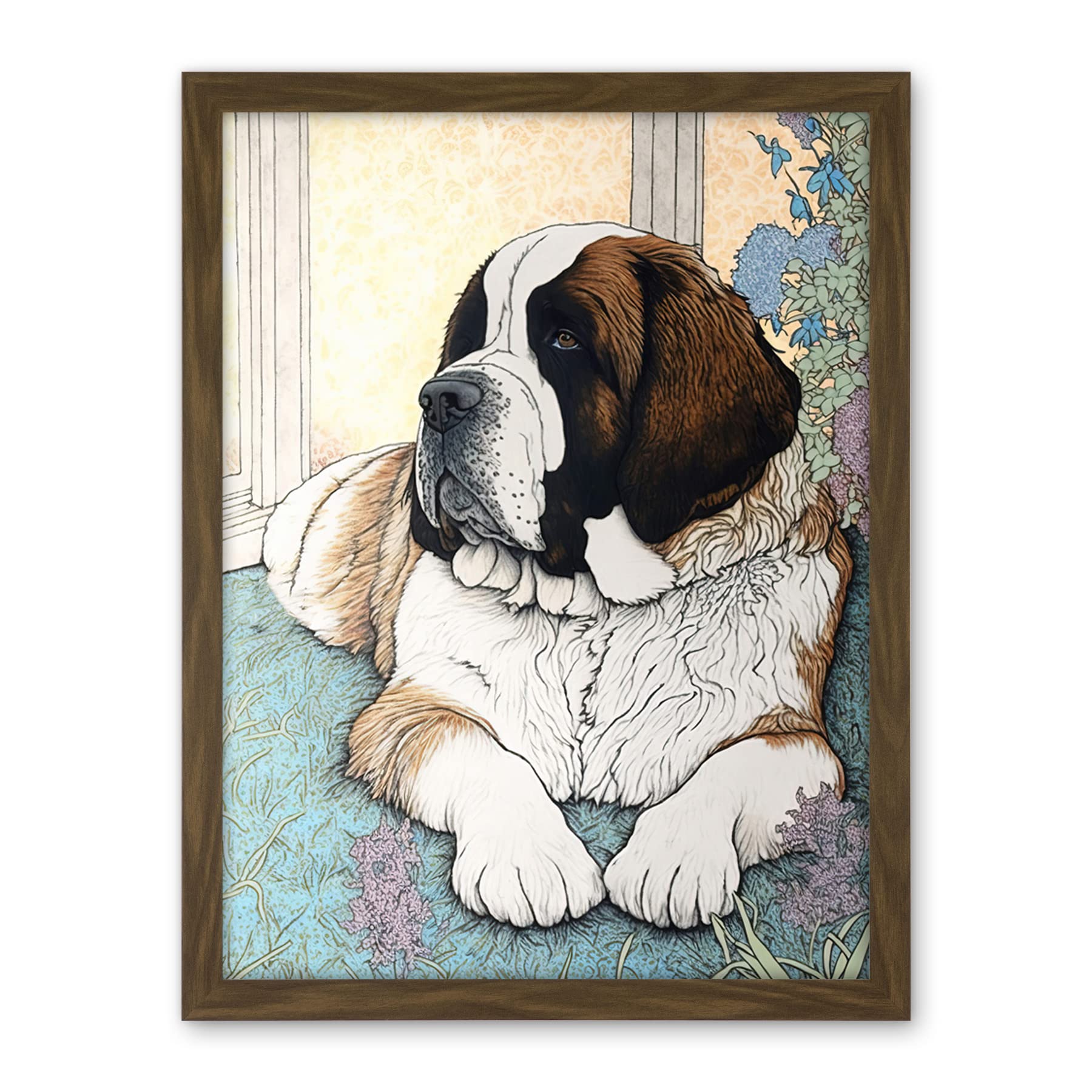 Artery8 St Bernard Dog Lying by Flower Pot Modern Bright Multicoloured Illustration Artwork Framed Wall Art Print 18X24 Inch