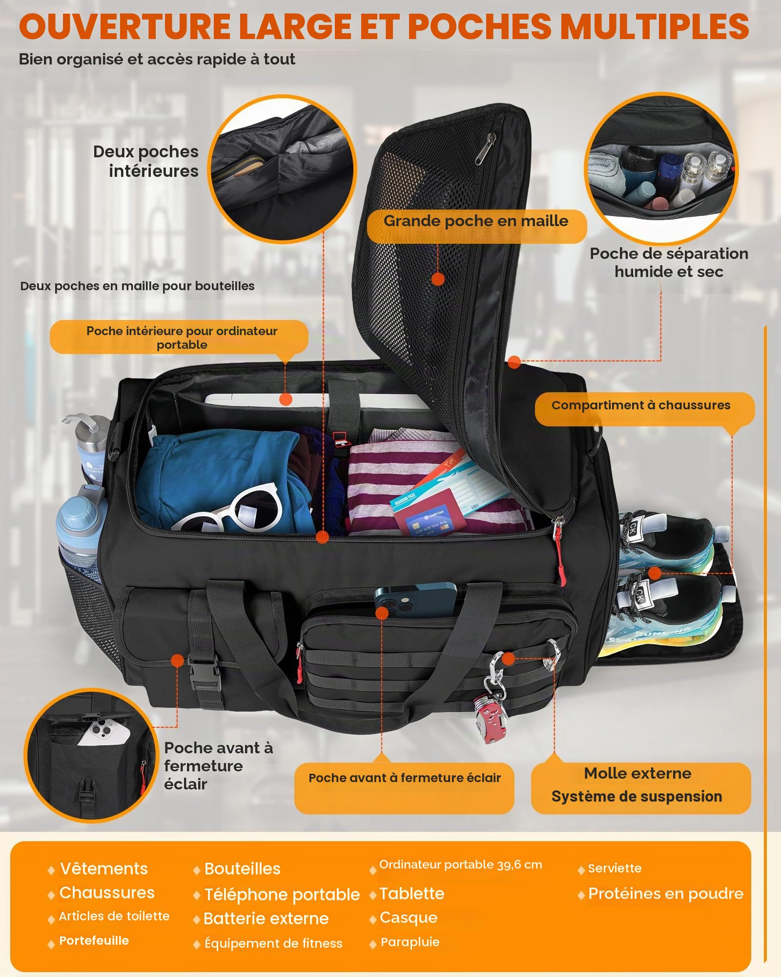 RAINSMORE 3 en 1 Sac de Sport Homme 45L Sacs de Voyage Sac de Weekend | Sac Cabine Bagage avec Fonction Sac à Dos 45L avec Compartiments Chaussures et Ordinateur Portable