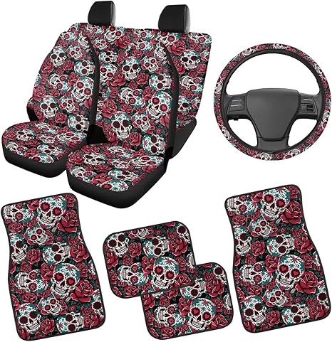 Sugar Skull Car Seat Covers Automotive Floor Mats with Anti-Slip Pad Car Steering Wheel Protector Removable Automotive Accessories Easy to Install for SUV,Van,Sedan,Truck