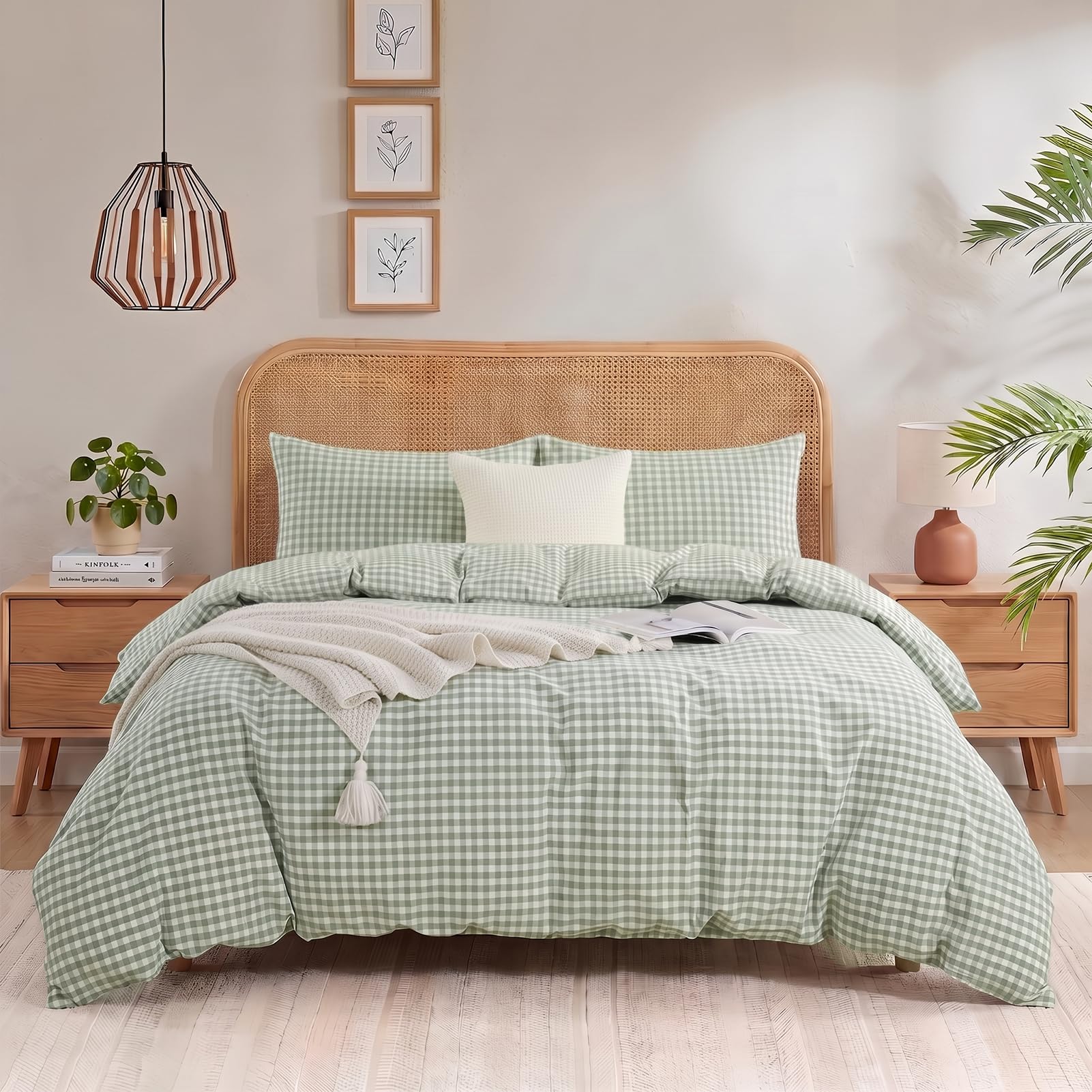 NEXHOME PRO Green Gingham Duvet Cover Full, 100% Washed Cotton Like Linen Feel Organic Natural Bedding Set 3 Piece Sage Vintage Plaid Checkered Comforter Cover Set (No Comforter) 8090