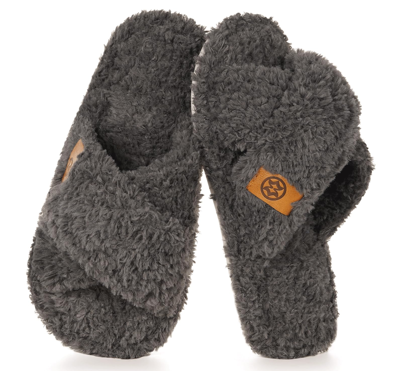 Dokela Fuzzy Open Toe Slippers for Kids Girls Boys Memory Foam Cozy Cross Band House Shoes Non-Slip Soft Lightweight Slip On Home Bedroom Slippers Indoor Outdoor 2-3 Big Kid Dark Grey