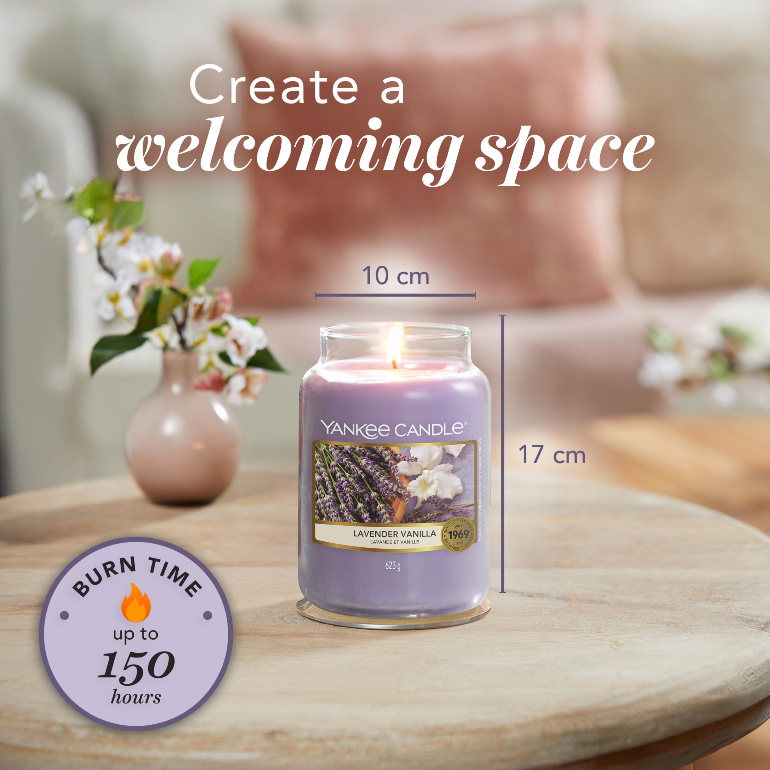 Yankee Candle Świeca zapachowa - duży słoik lawendowy waniliowy - długie świece: do 150 godzin - prezenty dla kobiet