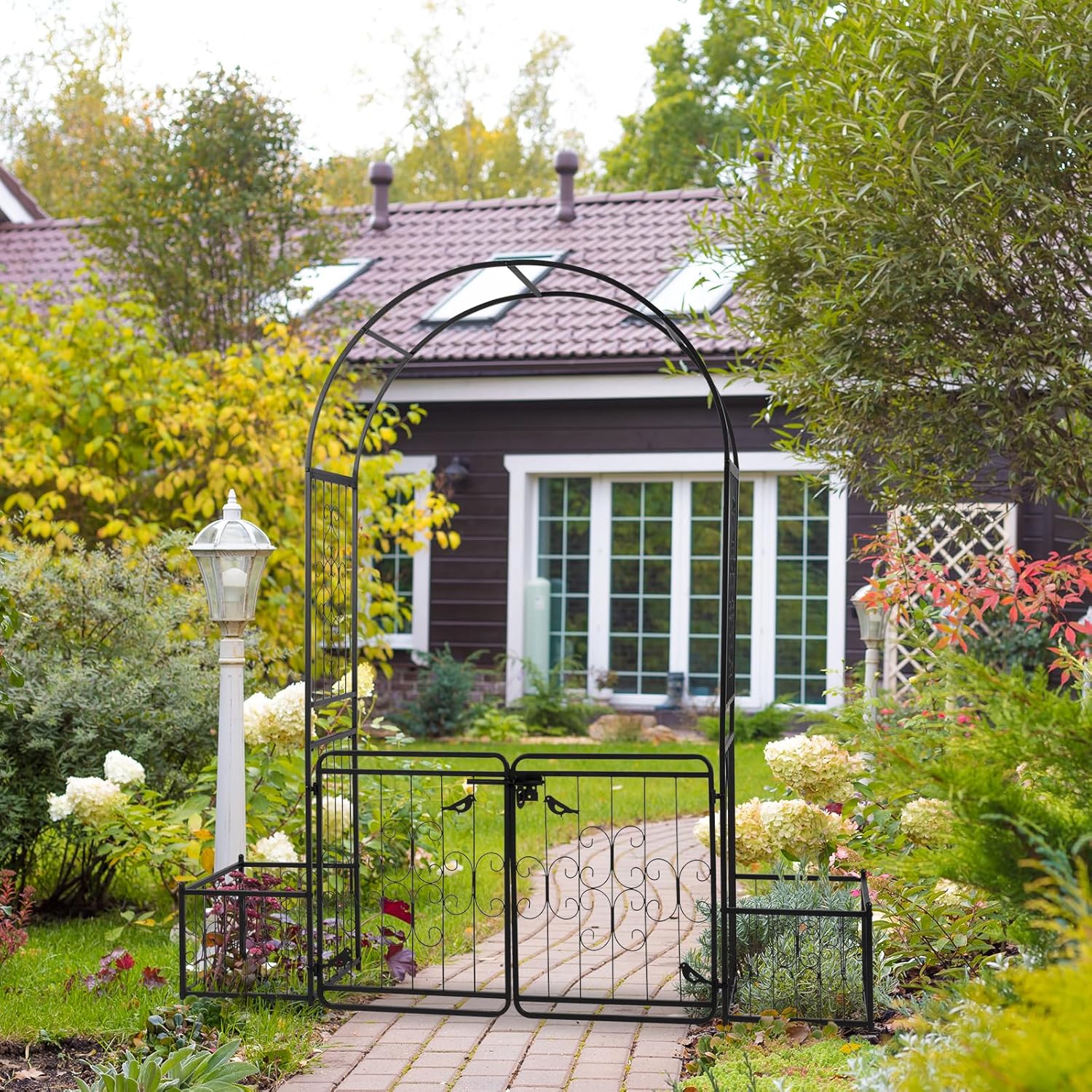 Garden Arbor Metal Garden Arch with Gate and Plant Box Wedding Arch Party Decoration for Outdoor Lawn Climbing Plants Roses Vines