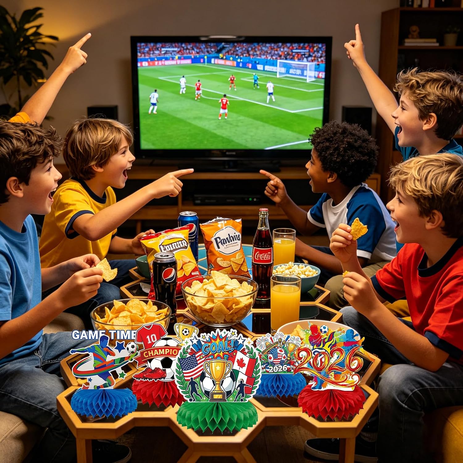 2026 World Soccer Cup Table Decorations, 9 Pcs 3D Double Sided Honeycomb Centerpieces,Themed Ornaments & Soccer Cups Decor for Football Sports Competition Party Supplies