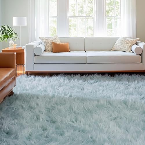 Super Area Rugs Ultra Soft & Fluffy Faux Sheepskin Rug, Teal 8 x 10 Feet Carpet for Bedroom Living Room
