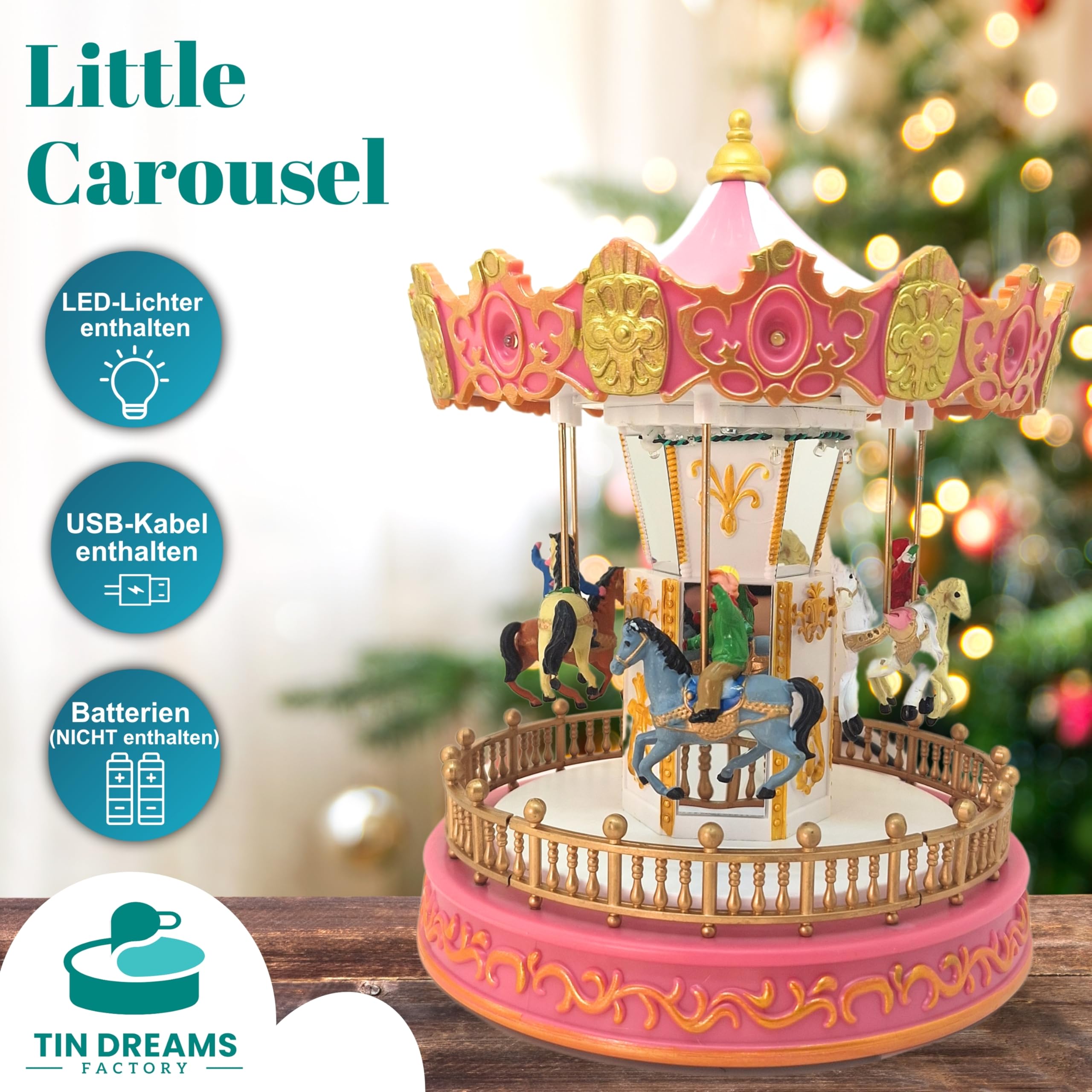 TIN Dreams | Kleiner Weihnachtskarussell mit Bewegung, Musik und LED-Lichtern | Musikalisches Karussell | Weihnachtsdorf, Miniaturdorf, Beleuchtete animierte Szene | Weihnachtsdeko Inner