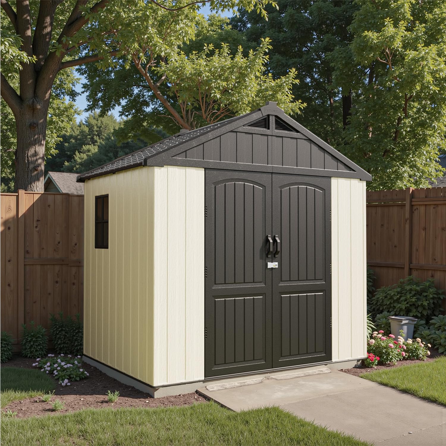 Patiowell 8 x 6 FT Resin Outdoor Storage Shed with Floor, Large Shed with Light and Lockable Door for Garden, Backyard, Tool Storage Use, Easy to
