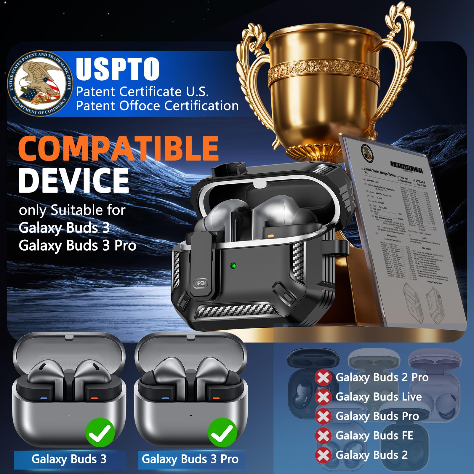 MCTOPZO Compatible with Samsung Galaxy Buds 3/3 Pro Case,with Secure Lock Clip & Cleaning kit Full Body Shockproof Carbon Fiber Protection Design