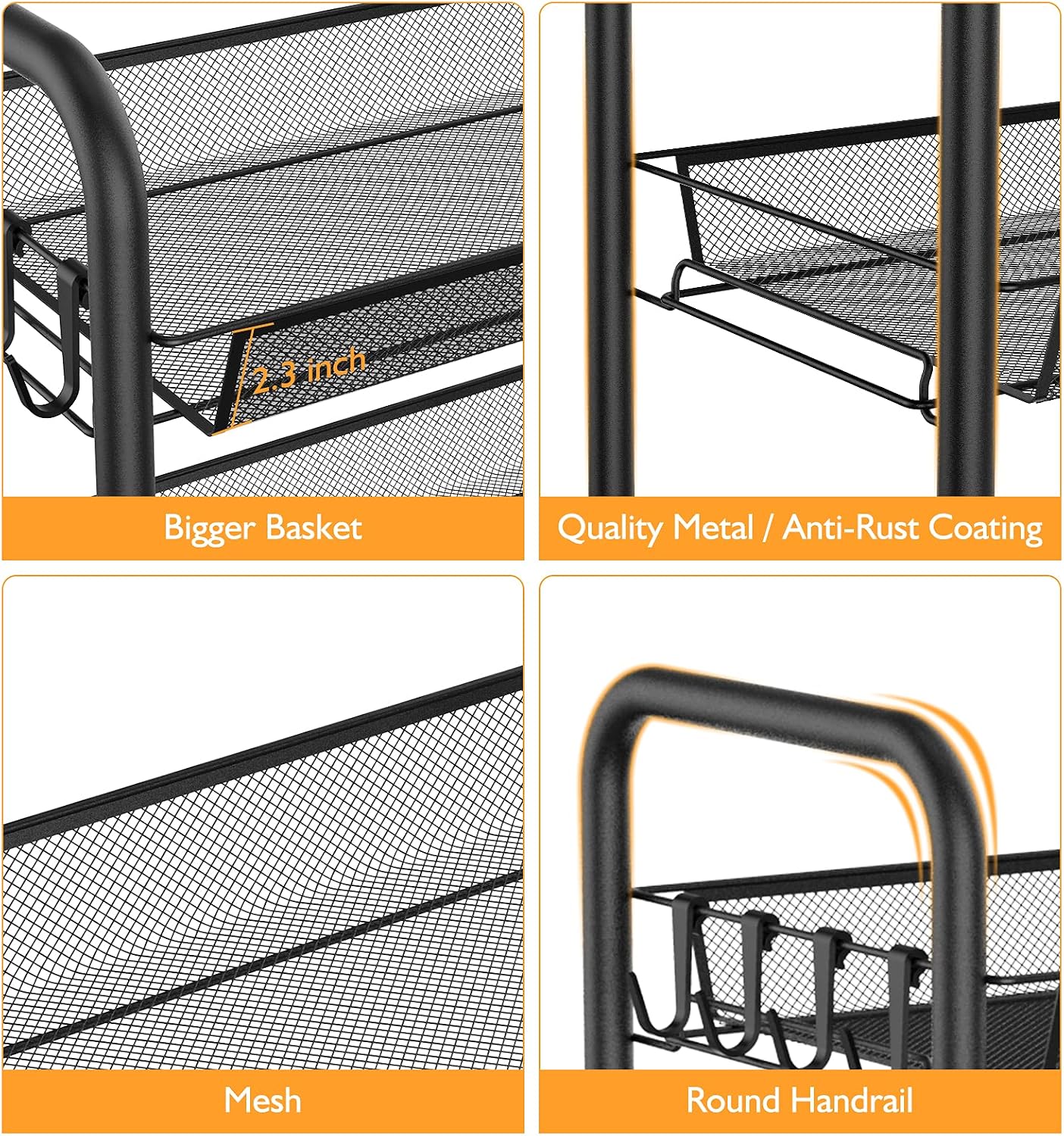Utility Cart, YASONIC 3-Tier Rolling Cart with Storage Bag, Multifunction Metal Mesh Wire Organizer Trolley with 2 Lockable Wheels 4 Side Hooks for Office Kitchen Bedroom Bathroom (Black)