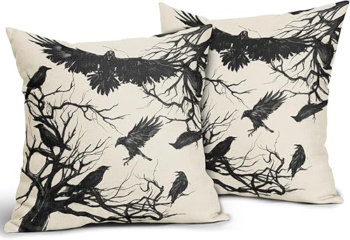 Miniatura 2 de Juego de 2 fundas de almohada de Halloween de 18 x 18 pulgadas, diseño de ramas de árbol de cuervo, color negro, para Halloween, exteriores,