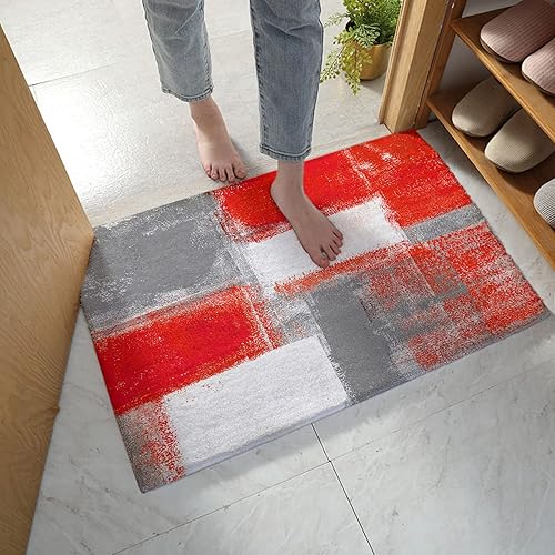 Alfombra de baño de 16 x 24 pulgadas absorbente lanuda alfombra de baño pop rojo blanco gris pintura al óleo abstracta geométrica antideslizante