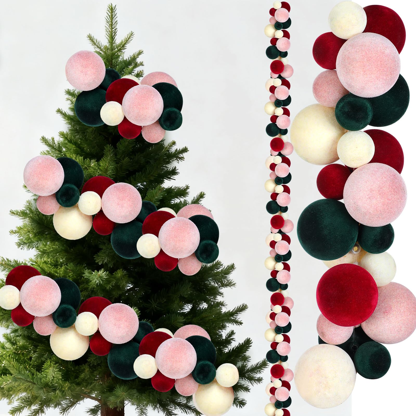 2 Pcs Christmas Velvet Balls Garland 6 ft Hanging Ornaments 129 Christmas Balls Decorations for Home Indoor Outdoor Xmas Tree Mantel Stairs Porch Holiday Wreath Decoration(Classic Color)