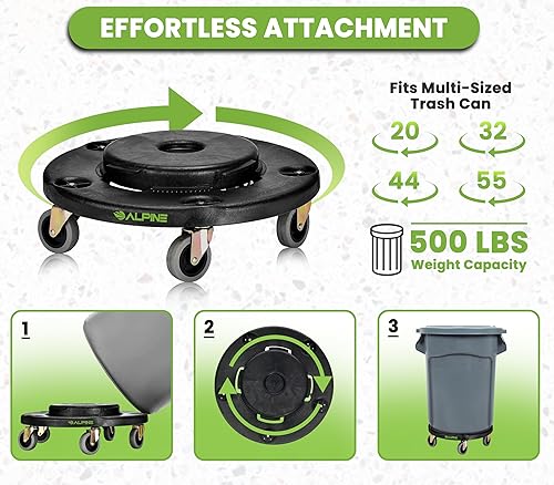 Miniatura 2 de Alpine Rolling Brute - Basurero con ruedas y base de rodillo para cubos de basura redondos de 20, 32, 44 o 55 galones, resistente con capacidad para