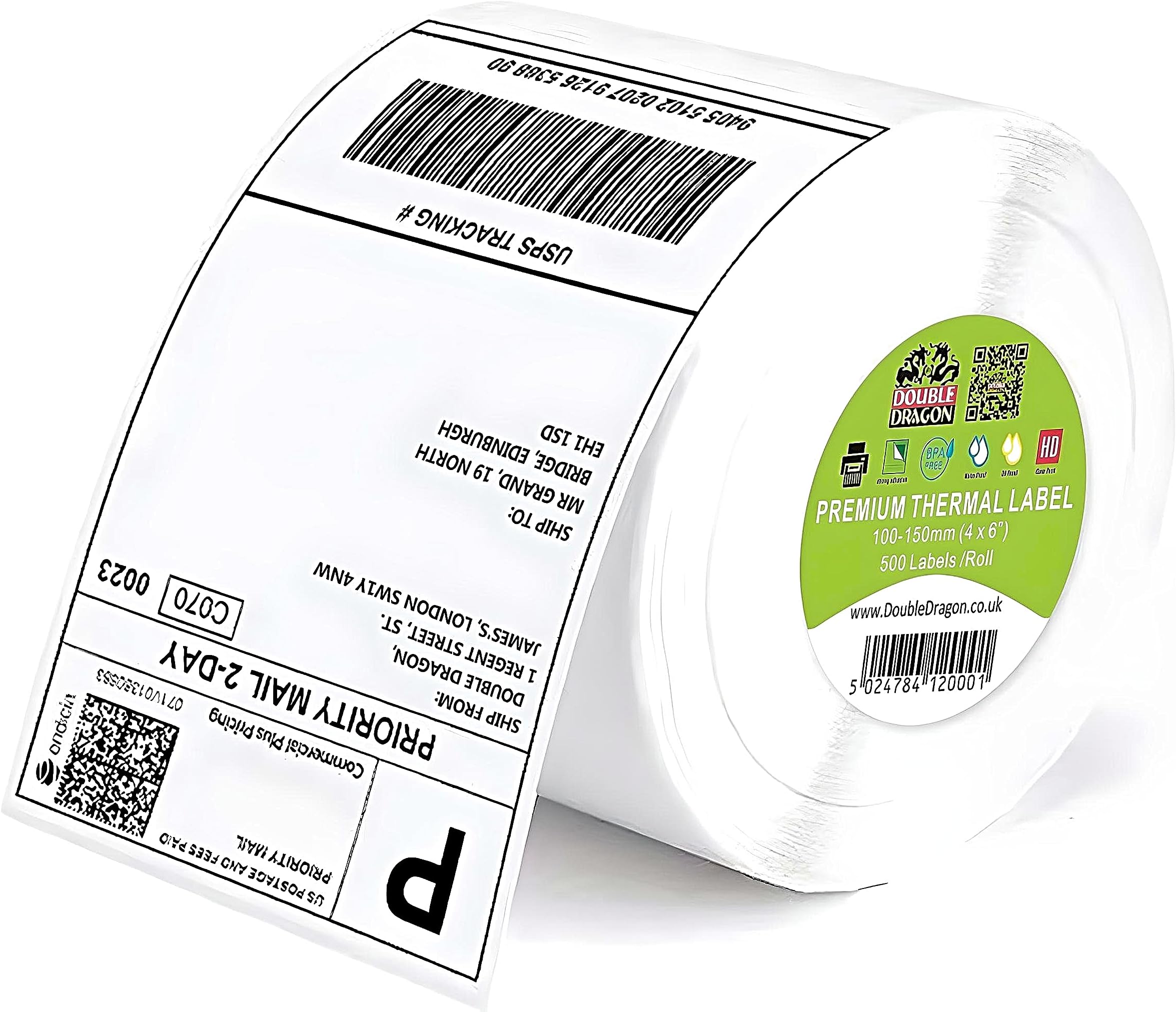 Double Dragon 100 x 150 mm (4" x 6") Premium Coated Self-Adhesive Direct Thermal Label for Zebra, MUNBYN Printers [1 Roll - 500 Label]