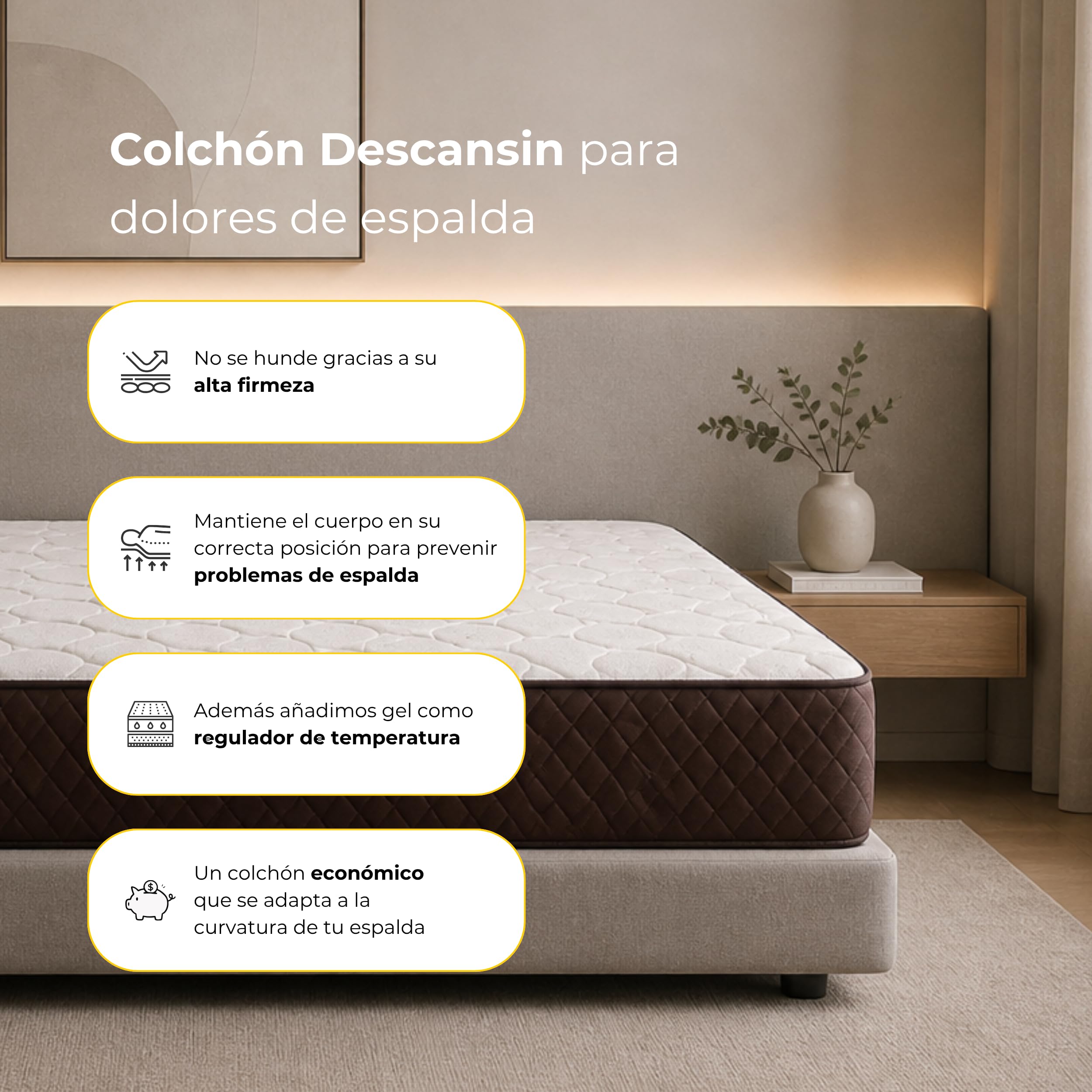 DESCANSIN - Colchón Firmeza Muy Alta para Dolores de Espalda | Colchón Viscoelástico Transpirable | Colchón Matrimonio o Cama Individual | Colchón Antiácaros, Anti Alérgico y Anti Bacterias (90x190)
