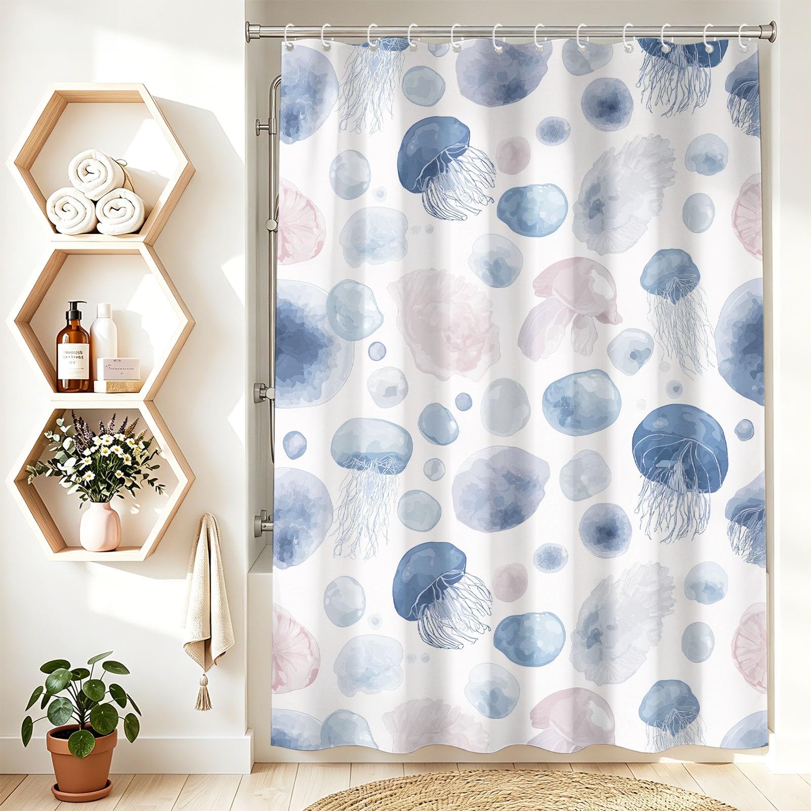 Cortina de ducha de ensueño silenciosa, 200 x 180 cm, etérea, suave, fresca, océano, vida marina, medusas, impermeable, para baño, bañera, lavable a máquina, secado rápido