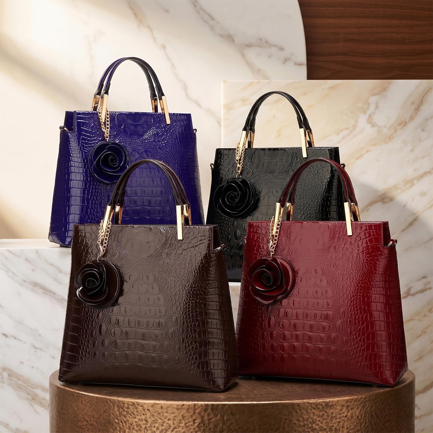 Bolsos de Mano con Bandolera en Cuero de Patente de PU para Mujer Bolso de Hombro Bolsos Bandolera Bolso de señora con Estampado de Piel de cocodrilo para Mamá Marrón
