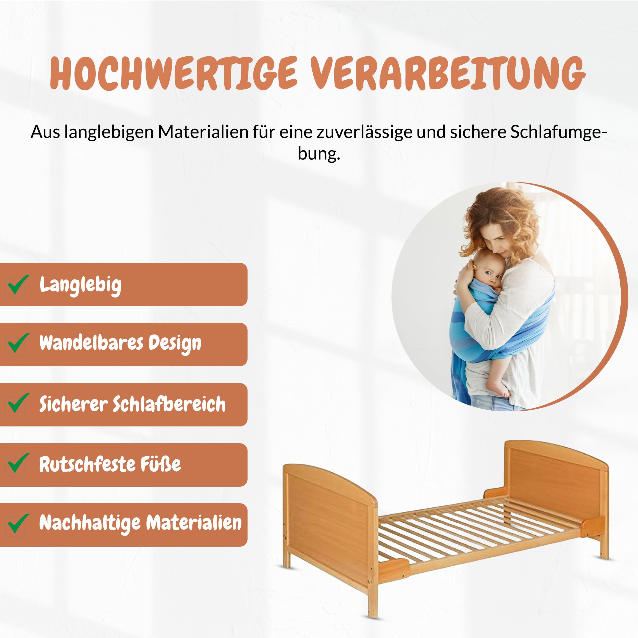 Best For Kids – Babybett 70x140 cm in Braun | Junior Bett Umbaubar | Cot ohne Matratze | Natur Komplett Set Bebek Yatagi & Baby Cot | Babybett für Mädchen und Jungen