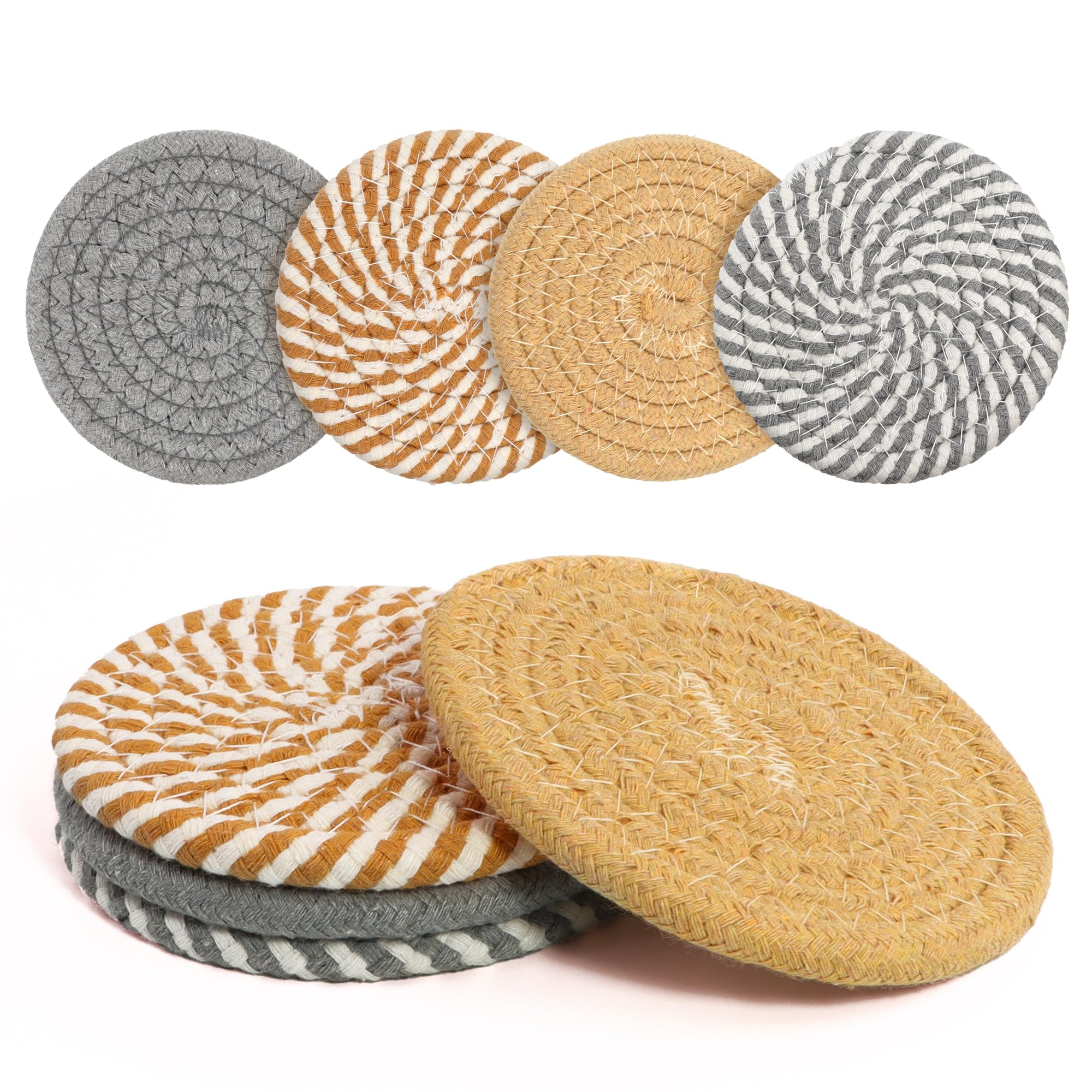 Coasters Set of 4 for Drinks, Cotton Woven 4 Colors Absorbent Boho Coasters for Home Decor Cups - Hot or Cold Drink Thickened (Grey Mixed Khaki)