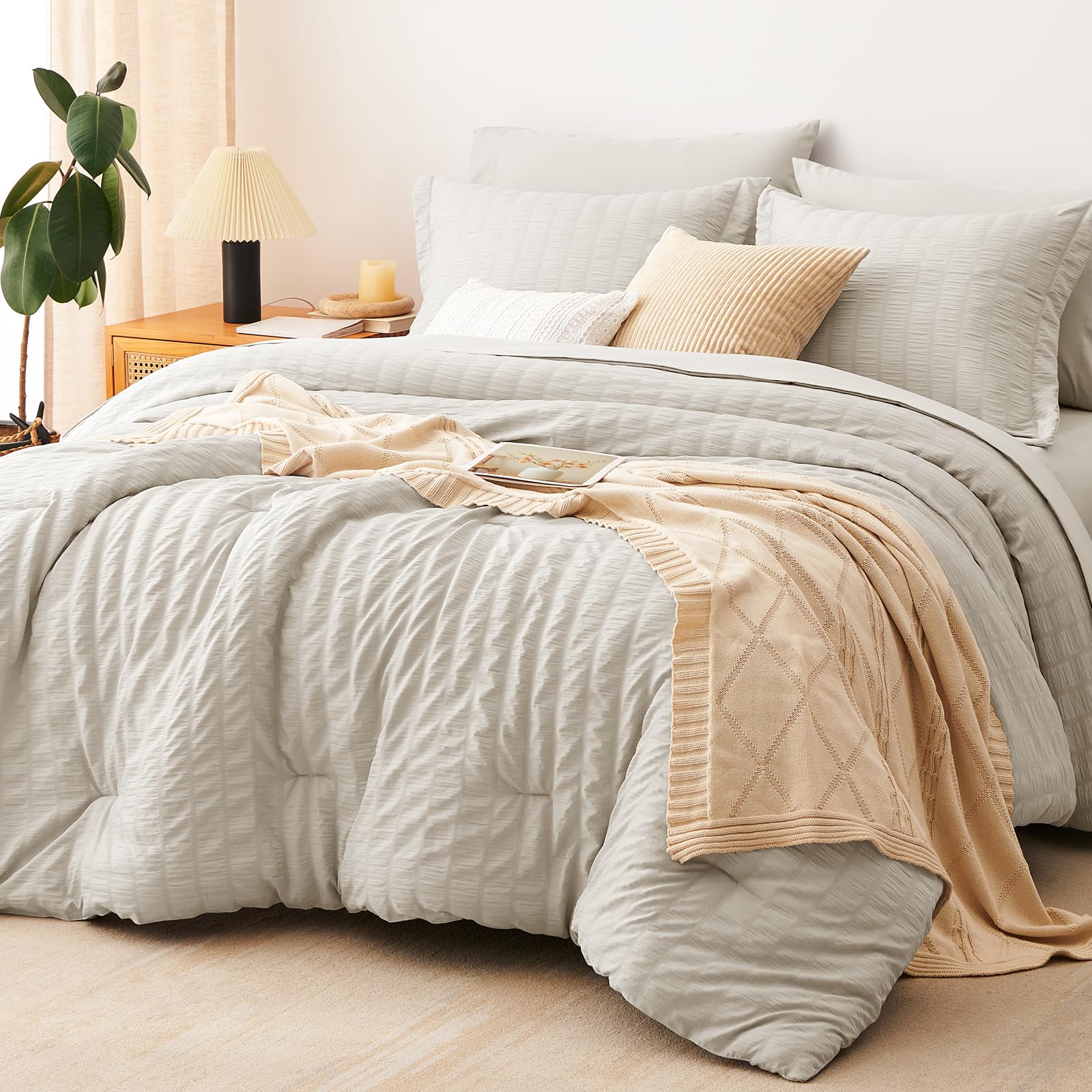 CozyLux Twin XL Comforter Set with Sheets Seersucker Beige 5 Pieces Bed in a Bag, Twin Extra Long Luxury Soft Bedding Sets for College Dorm with Down Alternative Comforter, Sheets, Pillowcases & Shams