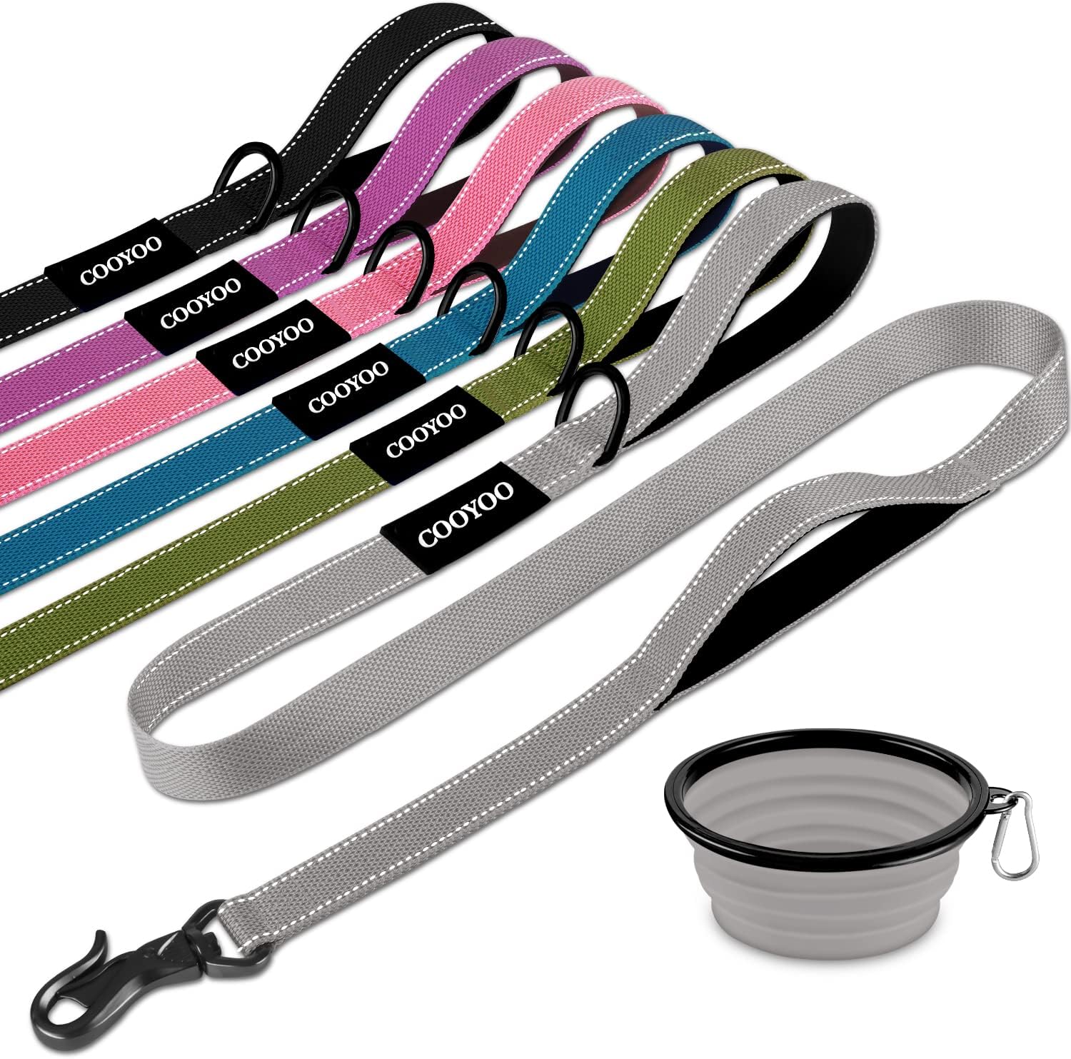 COOYOO Dog Leash 5 FT with 2 Comfortable Padded Handle - Traffic Handle & Advanced Easy Snap Hook-Reflective Dog Leash for Medium Large Dogs with Collapsible Pet Bowl