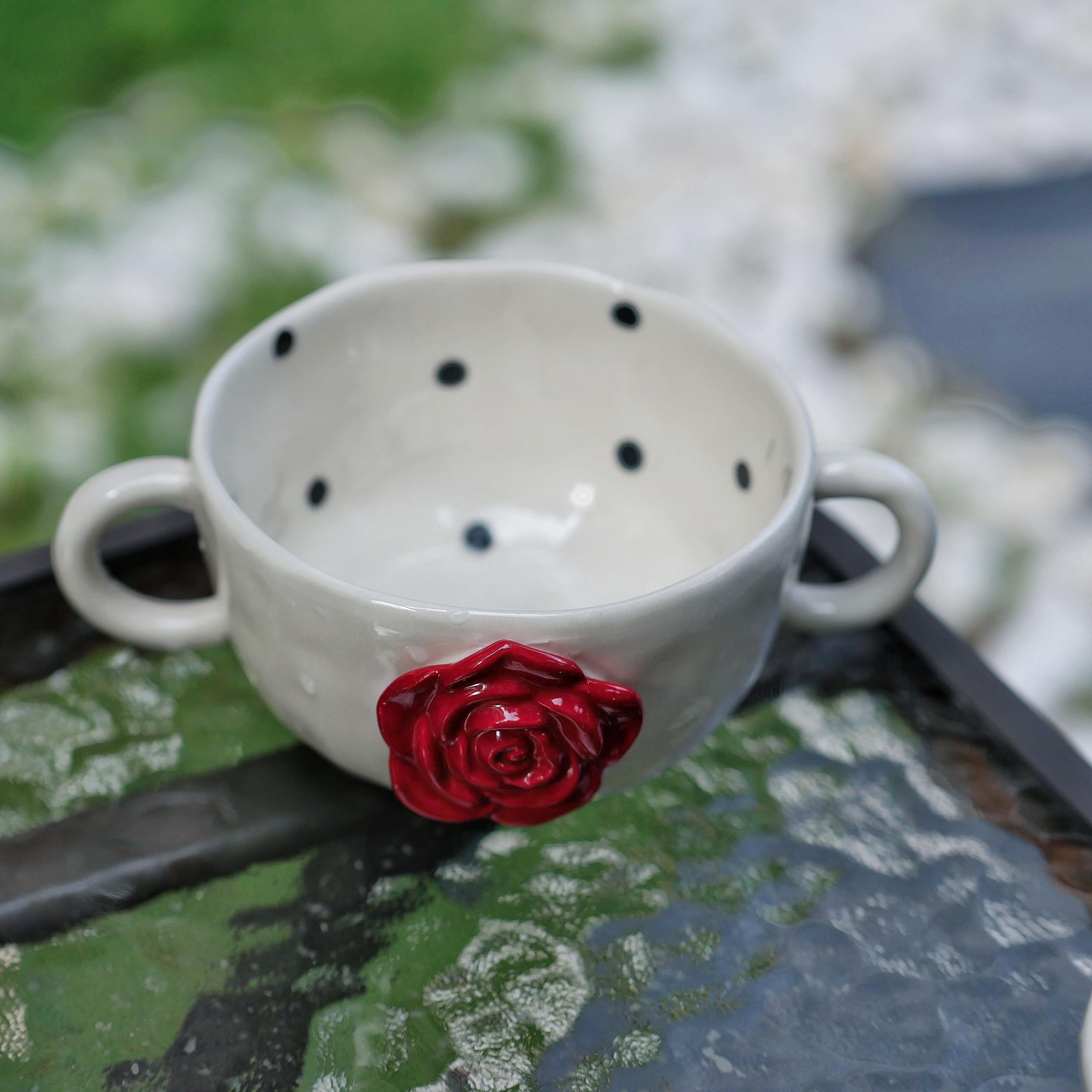 Amazon.com | FEEGAVE Polka Dots Double Handle Soup Bowl, Flower