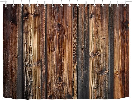 LB Cortina de ducha de estilo rústico estilo granero, estilo granja, cortina de ducha de madera primitiva marrón occidental para vida rural, 94 x 70