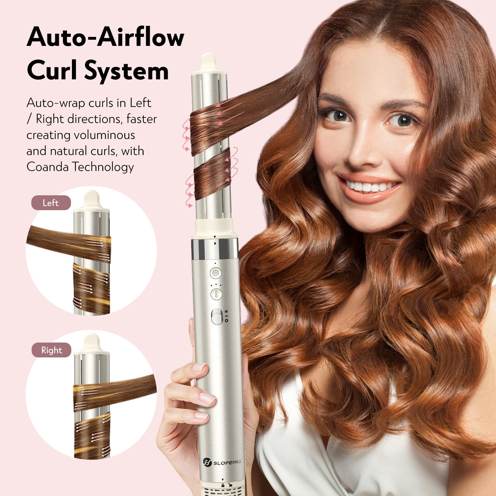 slopehill 5 IN 1 Airstyler, Hairstyler, Lockenstab Auto-Wrap, Ionen Föhn (110.000 RPM), Warmluftbürste & Glätteisen | Zum Styling, Volumisieren, Locken und Glätten - Zuhause & Reisen （Champagne-Gold）